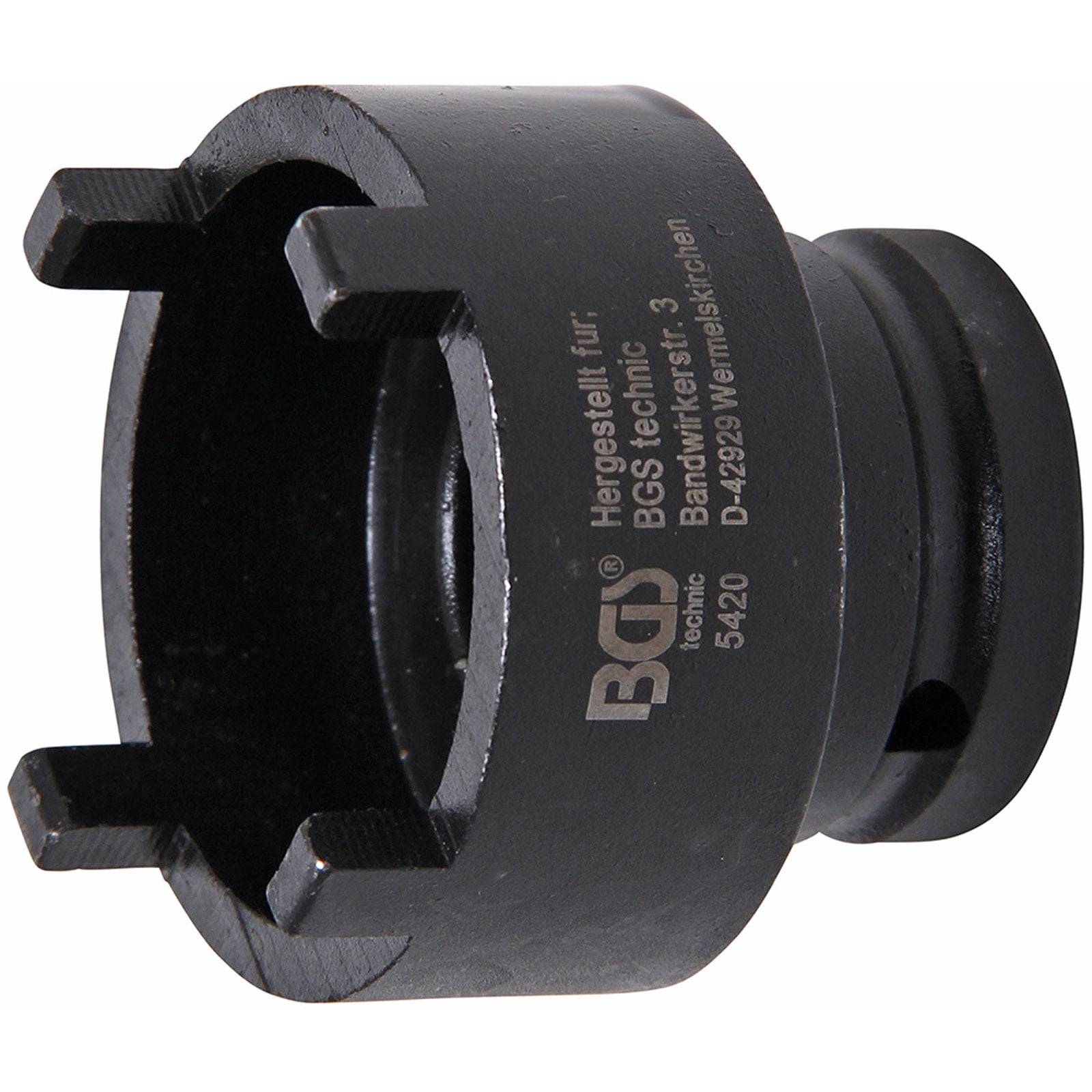 Ein schwarzes, zylindrisches Werkzeug mit vier herausstehenden Laschen an einem Ende, beschriftet mit 'BGS technic' und Herstellerdetails auf Deutsch.