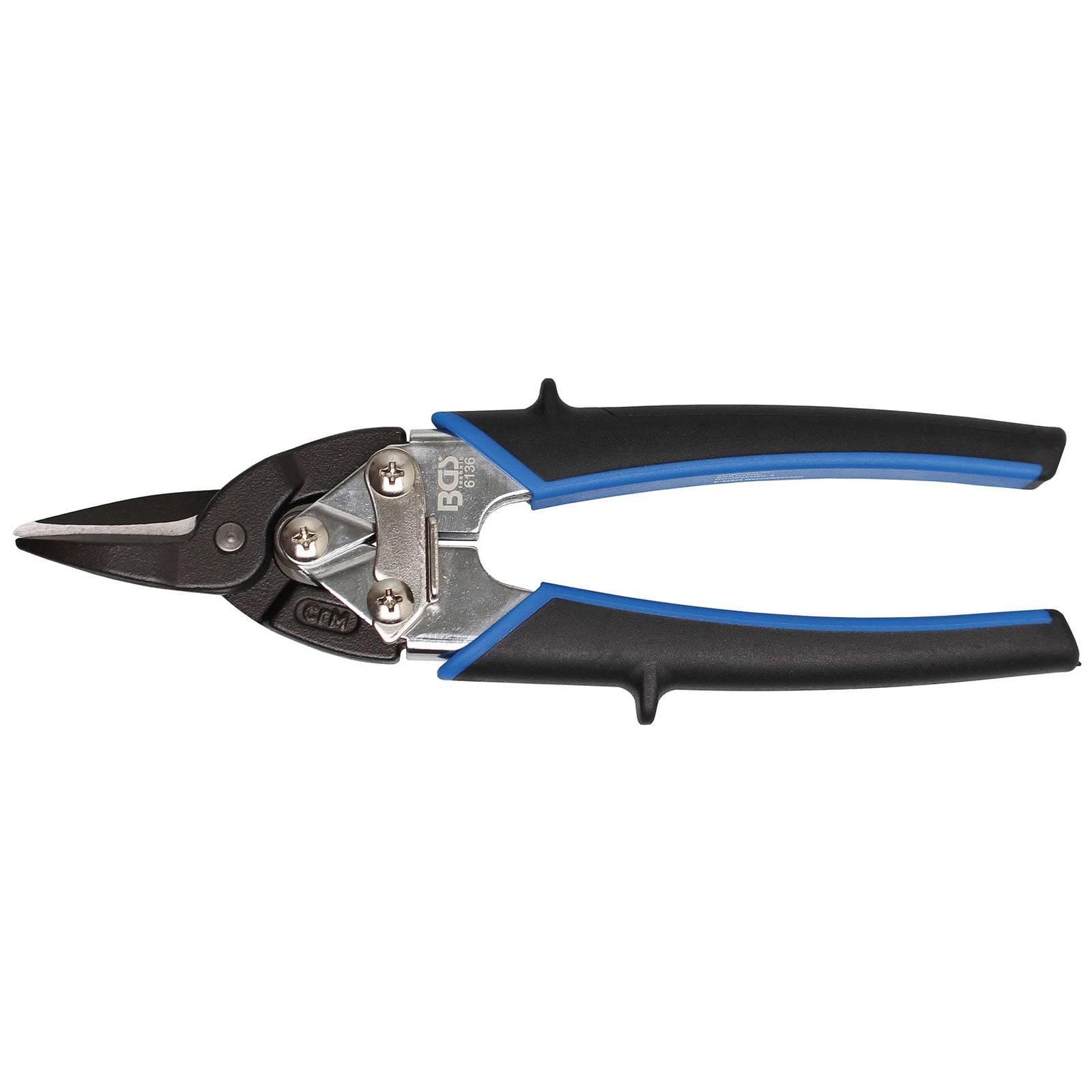 Schwarze und blaue Aviation-Blechscheren, zum Schneiden von Metallblechen, mit ergonomischen Griffen und federnden Griffen für Effizienz und Komfort.