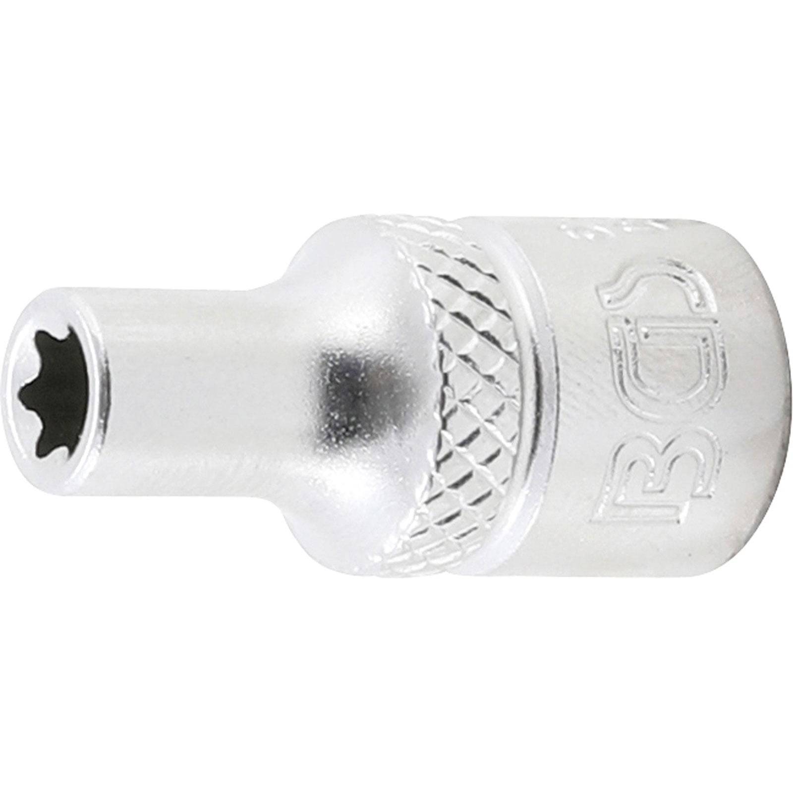 Eine silberfarbene Torx-Stecknuss mit sechszackigem Sternkopf und strukturiertem Griff. Ideal zum Anziehen oder Lockern von Torx-Schrauben.