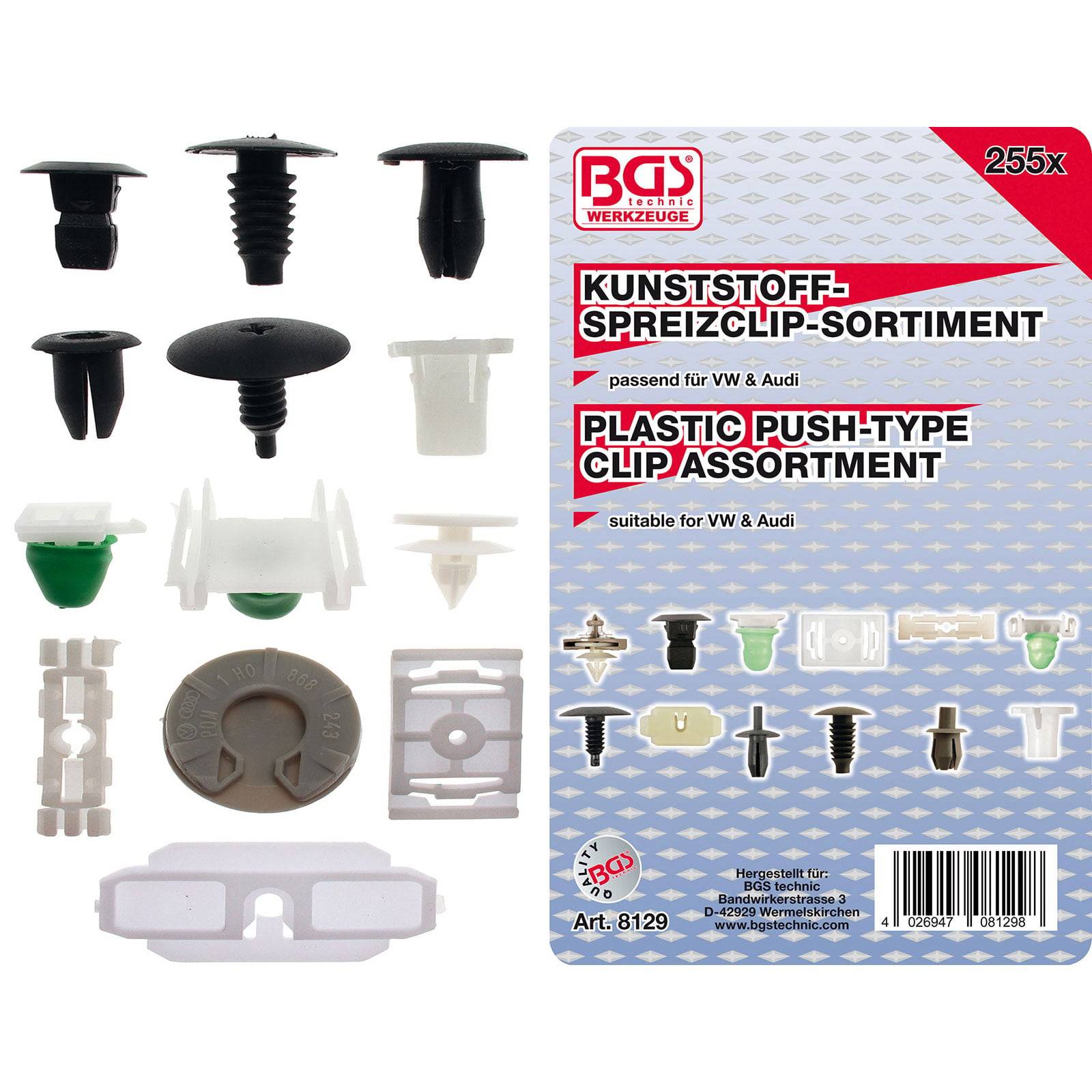 Sortiment von Push-Clips aus Kunststoff mit 14 verschiedenen Clips und Teilen. Text in Deutsch und Englisch zeigt Eignung für VW & Audi.