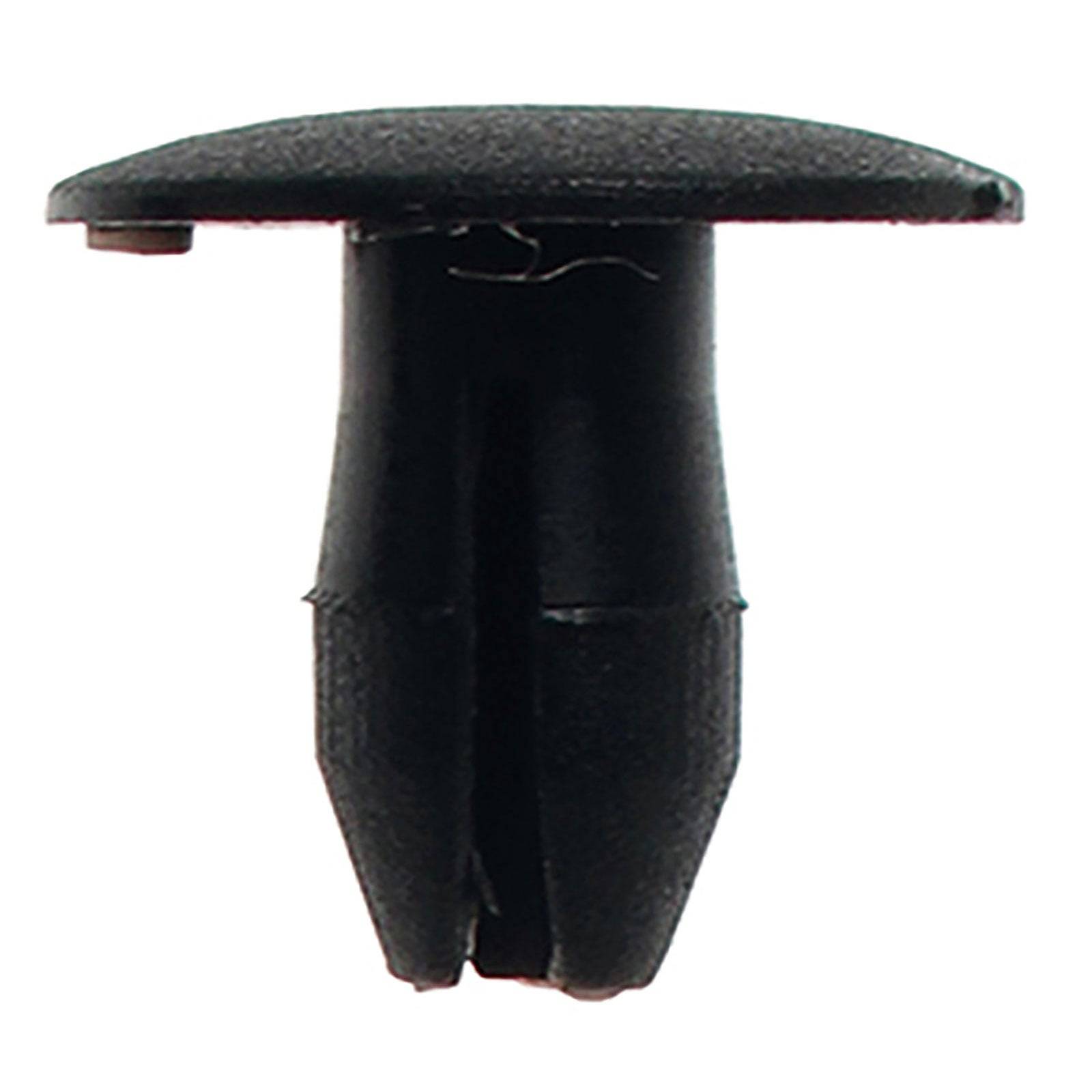 Nahaufnahme eines schwarzen Automotive-Kunststoffniets mit flachem Kopf und zweiteiligem Körper, der für die Befestigung von Platten oder Verkleidungen konzipiert ist.