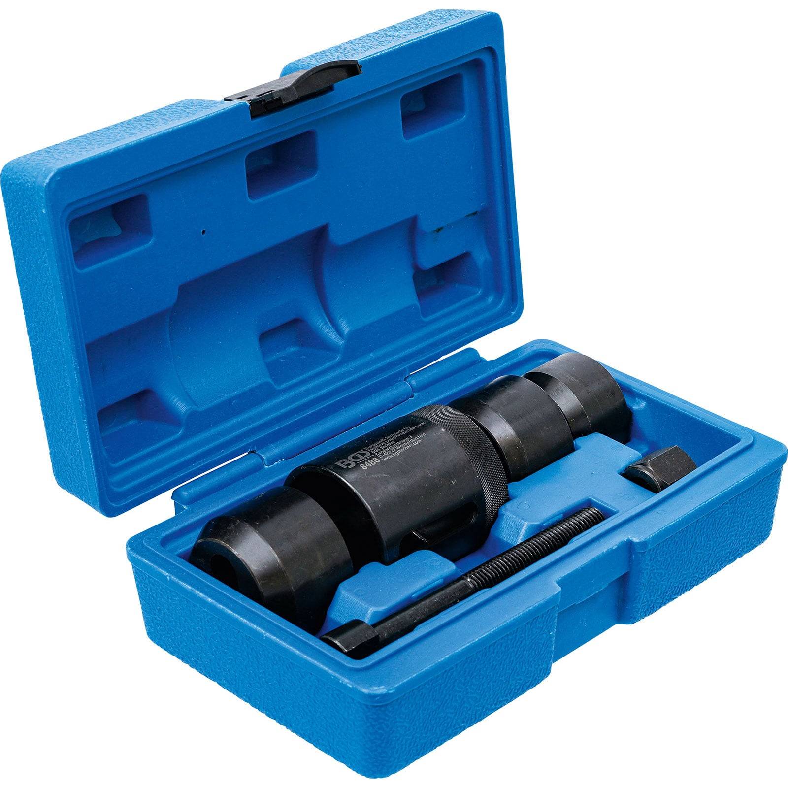 Blauer Werkzeugkoffer geöffnet, der einen schwarzen zylindrischen Werkzeug mit einem Bolzen und einer kleinen Komponente in geformten Einschüben zeigt.