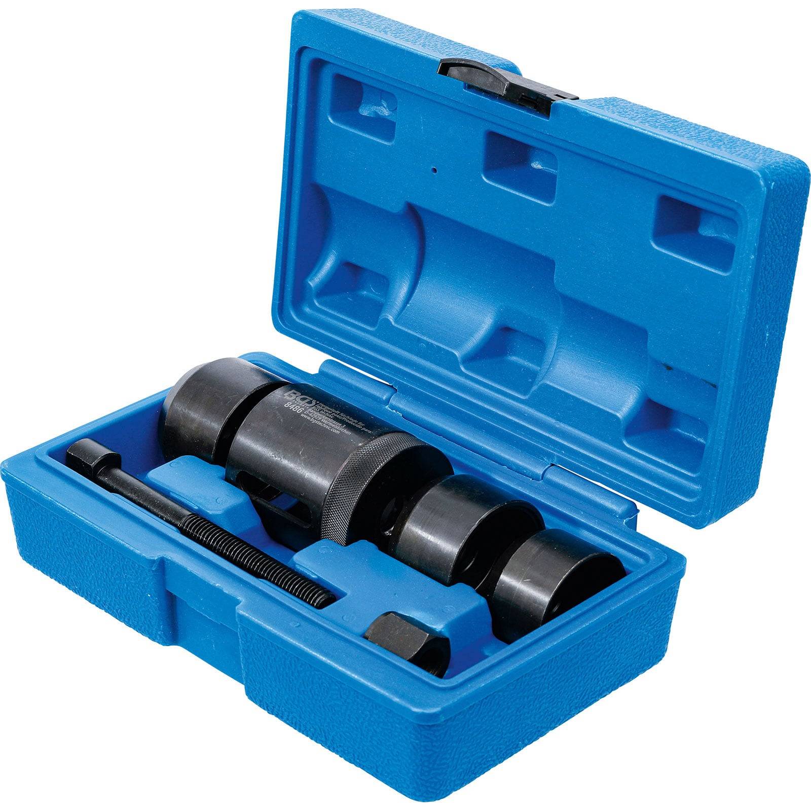 Eine blaue Plastikbox, die einen Satz schwarzer Automobilwerkzeuge enthält, einschließlich einer AbzieherSchraube und verschiedener Adapter, ordentlich und übersichtlich im Inneren angeordnet.