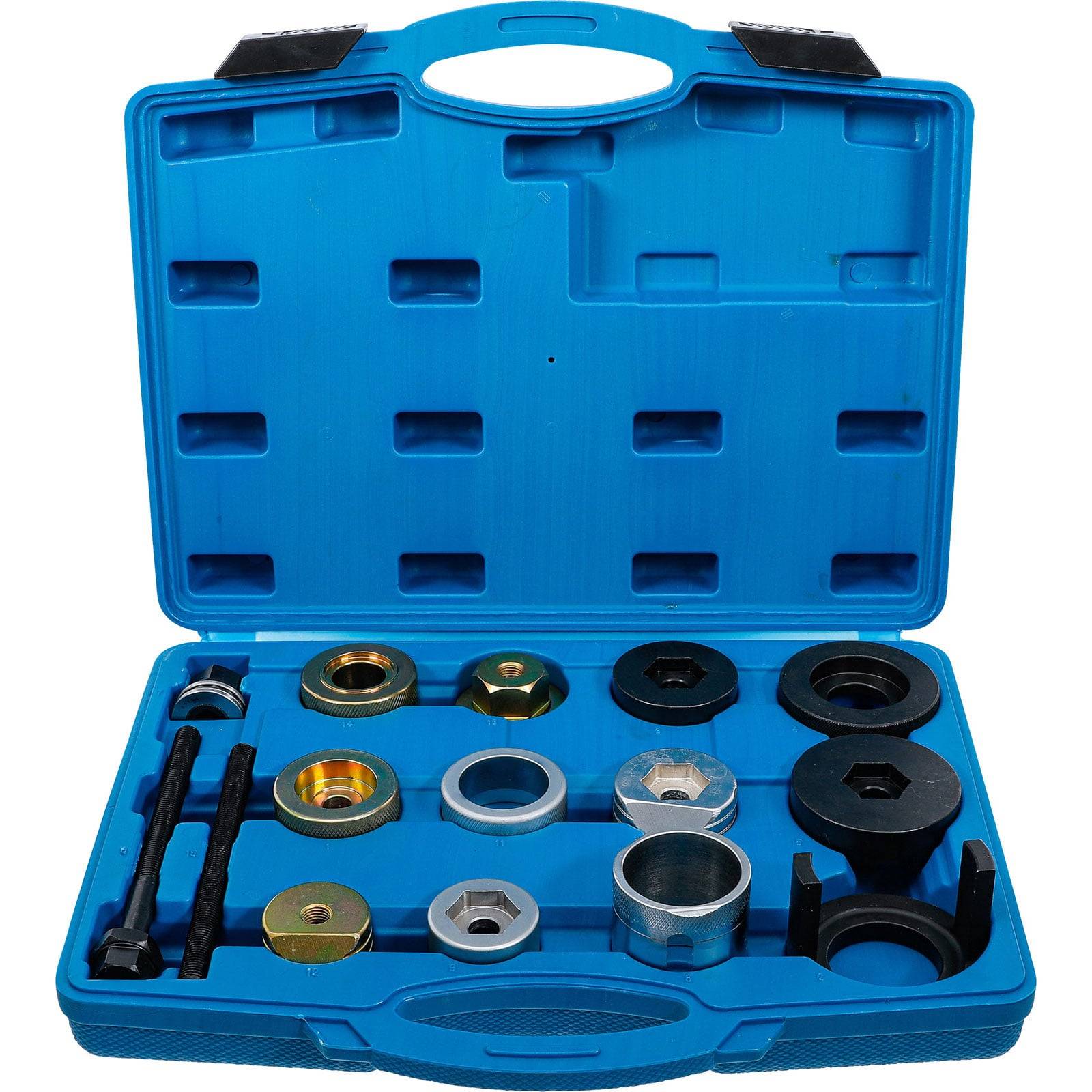 Eine blaue Plastiktragetasche mit einer Auswahl an metallenen Automotive-Werkzeugen und Zubehör, in maßgeschneiderten Ausschnitten organisiert.