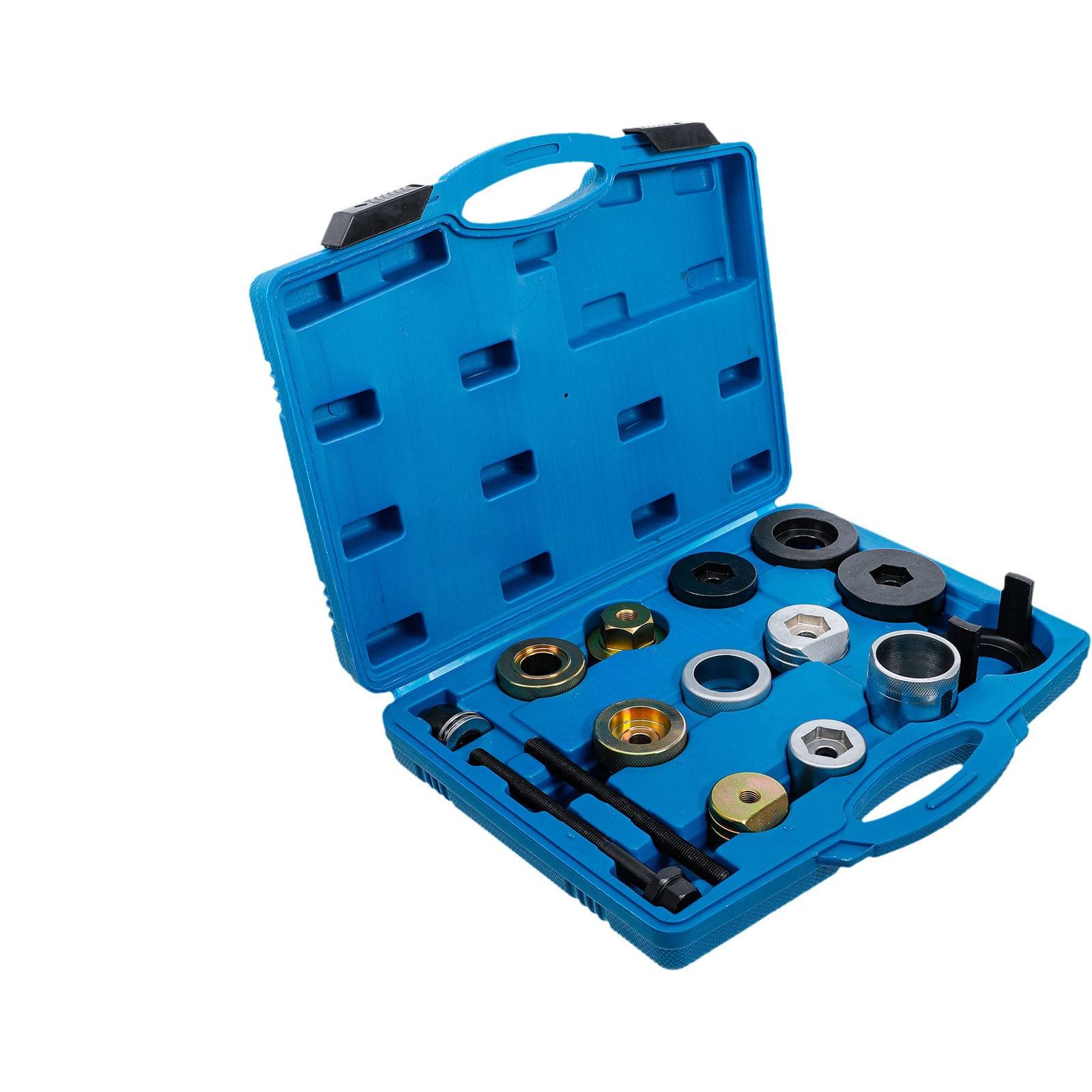 Ein blauer Werkzeugkoffer mit verschiedenen Autowerkzeugen und Adaptern ordnungsgemäß angeordnet, entworfen für Autoreparatur- und Wartungsaufgaben.