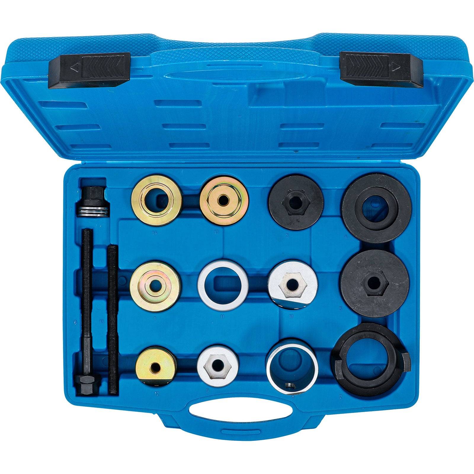 „Offener blauer Werkzeugkasten mit verschiedenen Metall- und Kunststoff-Autowerkzeugen, die in Schlitzen organisiert sind, einschließlich Schraubenschlüssel, Steckdosen und Unterlegscheiben.