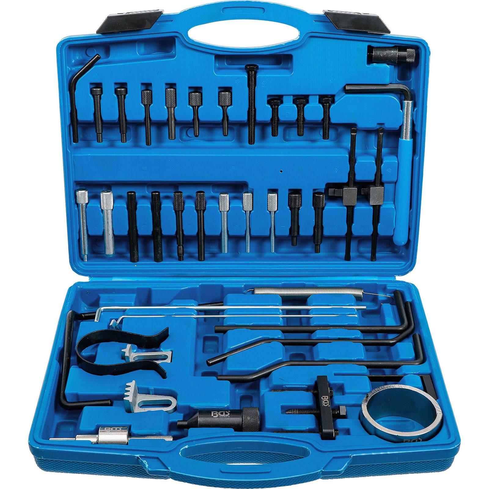 Ein blauer Werkzeugkoffer mit verschiedenen Werkzeugen zum Einstellen der Motoreinstellung, die sorgfältig in Schaumstoffabteilen angeordnet sind.