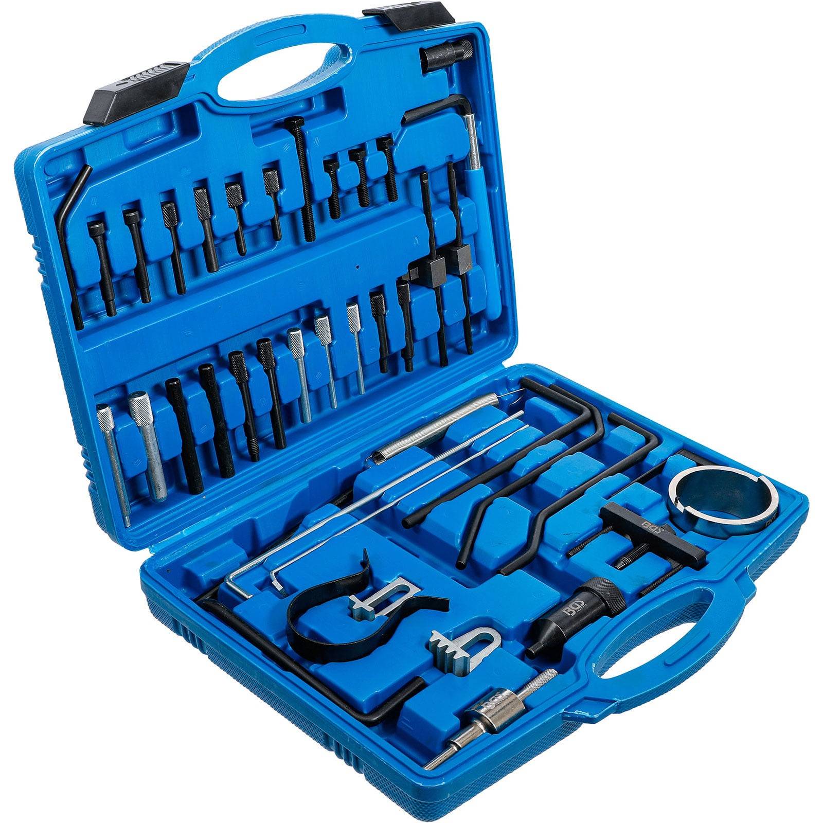 Ein blauer Kunststoffkoffer, der verschiedene Kfz-Diagnosewerkzeuge enthält, darunter Steckschlüssel, Schraubenschlüssel und Zangen, ordentlich in Schaumstoffeinlagen sortiert.