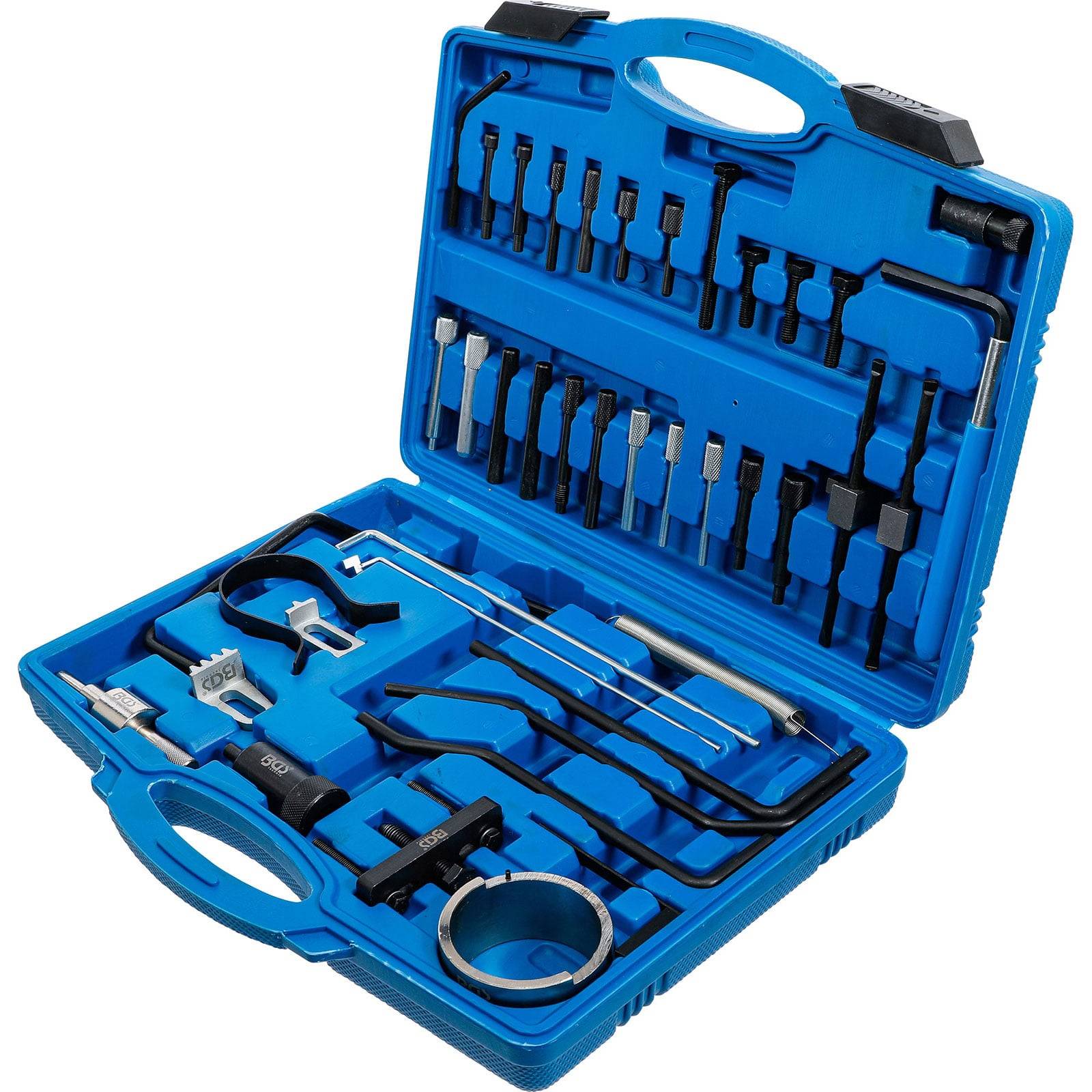 Eine blaue Plastikbox, die einen umfassenden Satz verschiedener Mechaniker-Werkzeuge enthält, sorgfältig und ordentlich angeordnet, darunter Schraubenschlüssel, Stecknüsse und Schraubendreher.