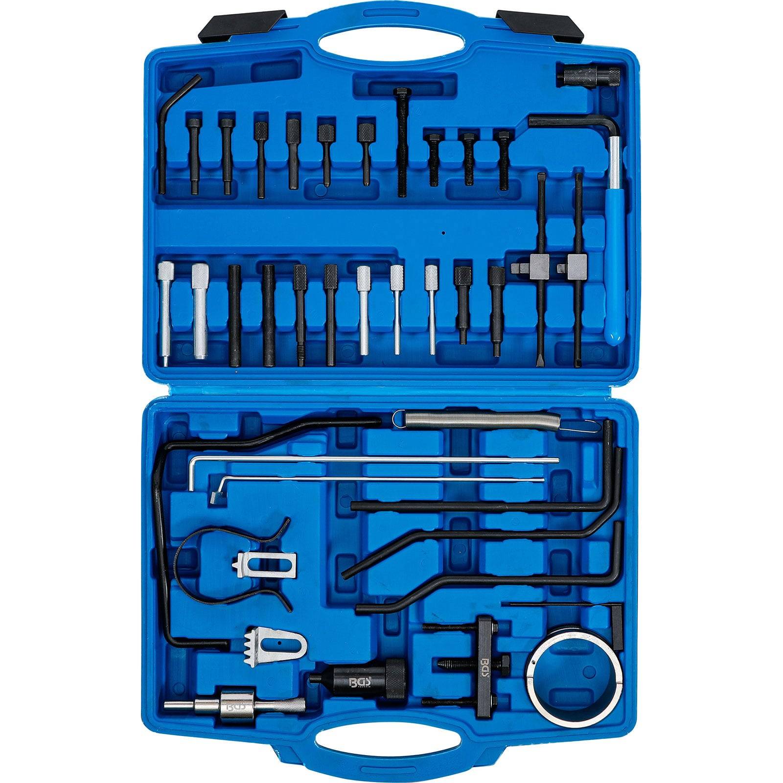 Eine blaue Werkzeugkiste mit verschiedenen spezialisierten Automotiv-Werkzeugen, die in Fächern angeordnet sind.