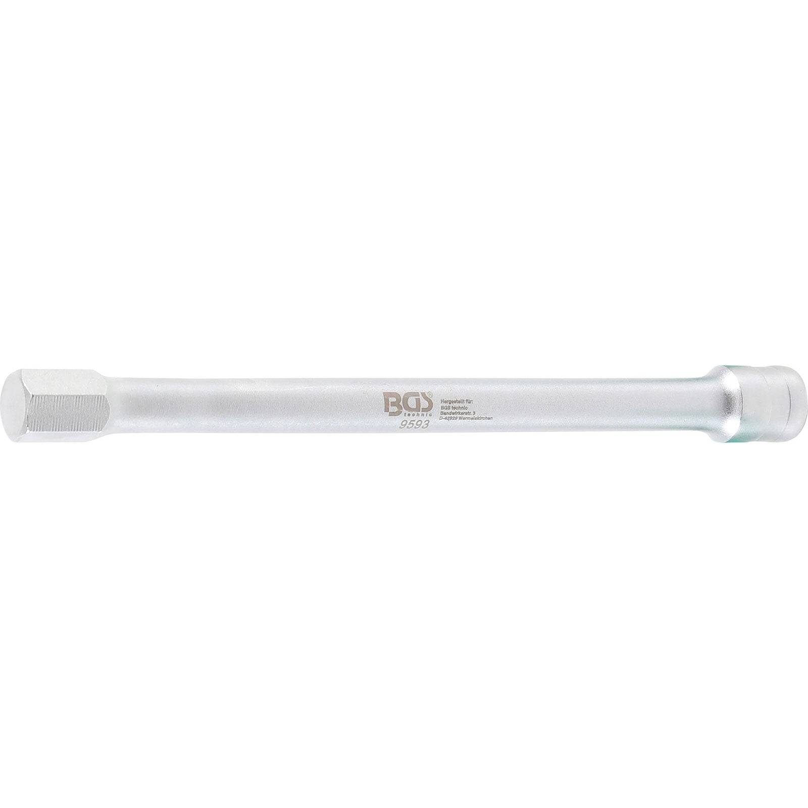 Eine silberfarbene Metallerweiterungsstange mit quadratischen Enden und einem Markenlogo 'BGS' in der Mitte. Wird verwendet, um die Reichweite von Werkzeugen zu verlängern.