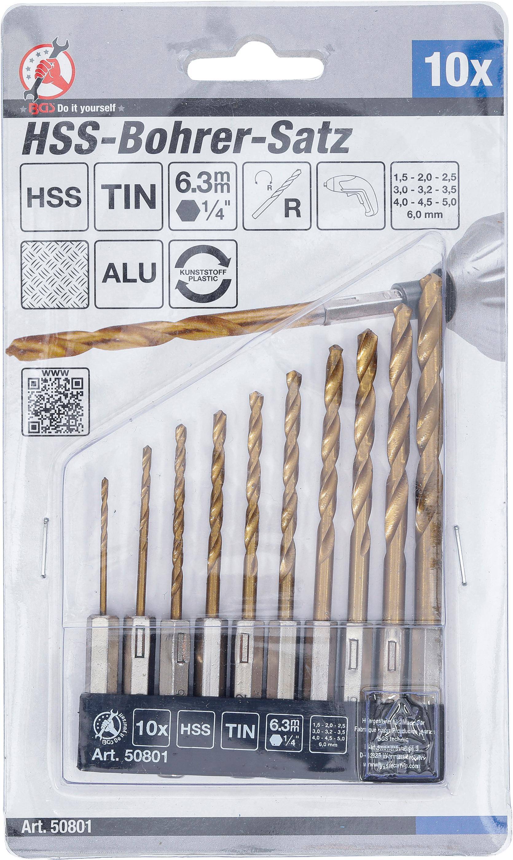 BGS Diy HSS-Bohrer-Satz | titan-nitriert | 1,5 - 6 mm | 10-tlg.