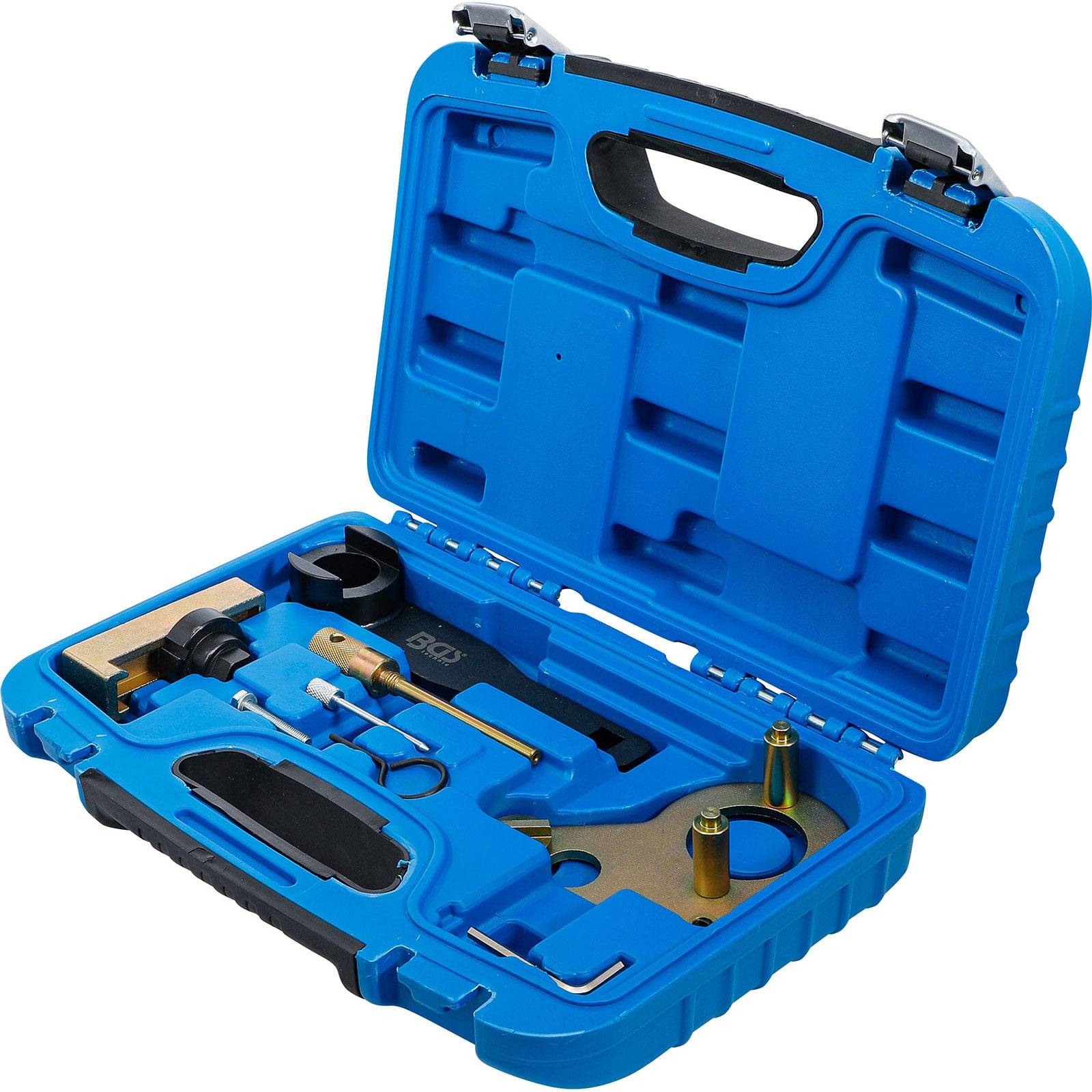 Eine blaue Kunststoffbox, die verschiedene Werkzeuge wie Schraubenschlüssel und kleine Zubehörteile enthält, die für spezifische mechanische oder Wartungsaufgaben entwickelt wurden.