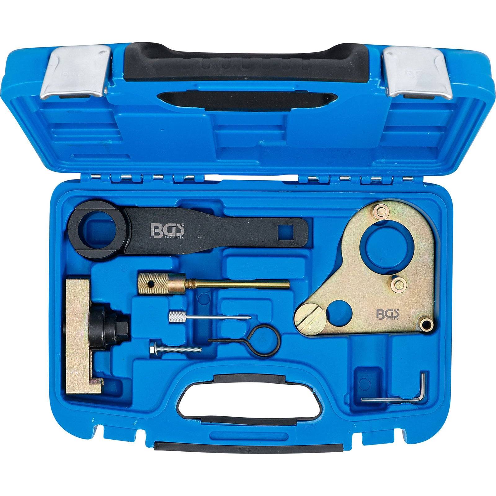 Ein blauer Werkzeugkoffer, der einen Satz spezialisierter mechanischer Werkzeuge enthält, darunter Schraubschlüssel und Adapter, die in vorgesehenen Fächern organisiert sind.