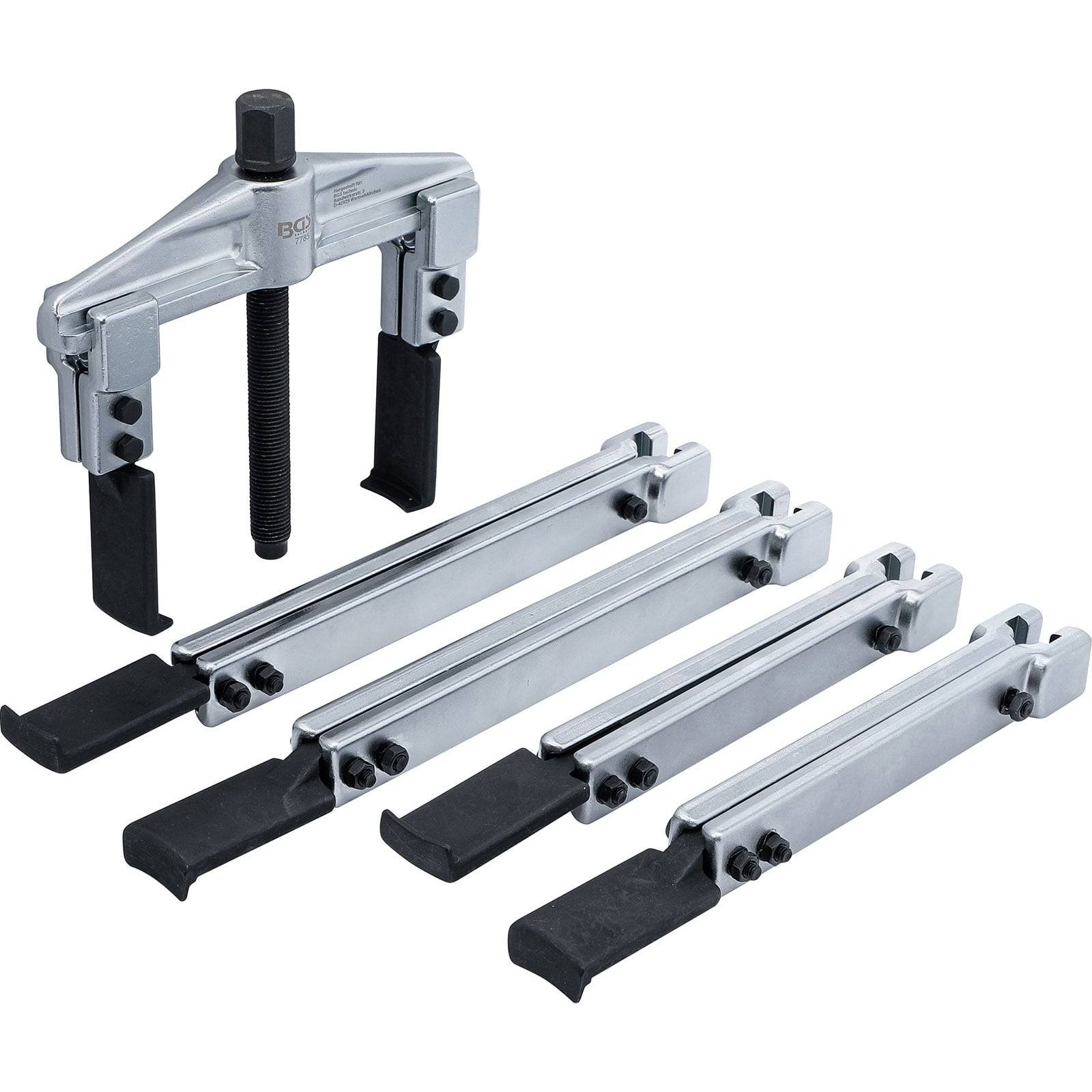 Ein Metallgetriebeabzieher-Set mit verstellbaren Armen, schwarzen Griffen und einer zentralen Schraube zum Herausziehen von Zahnrädern aus Wellen. Umfasst drei Armgrößen.