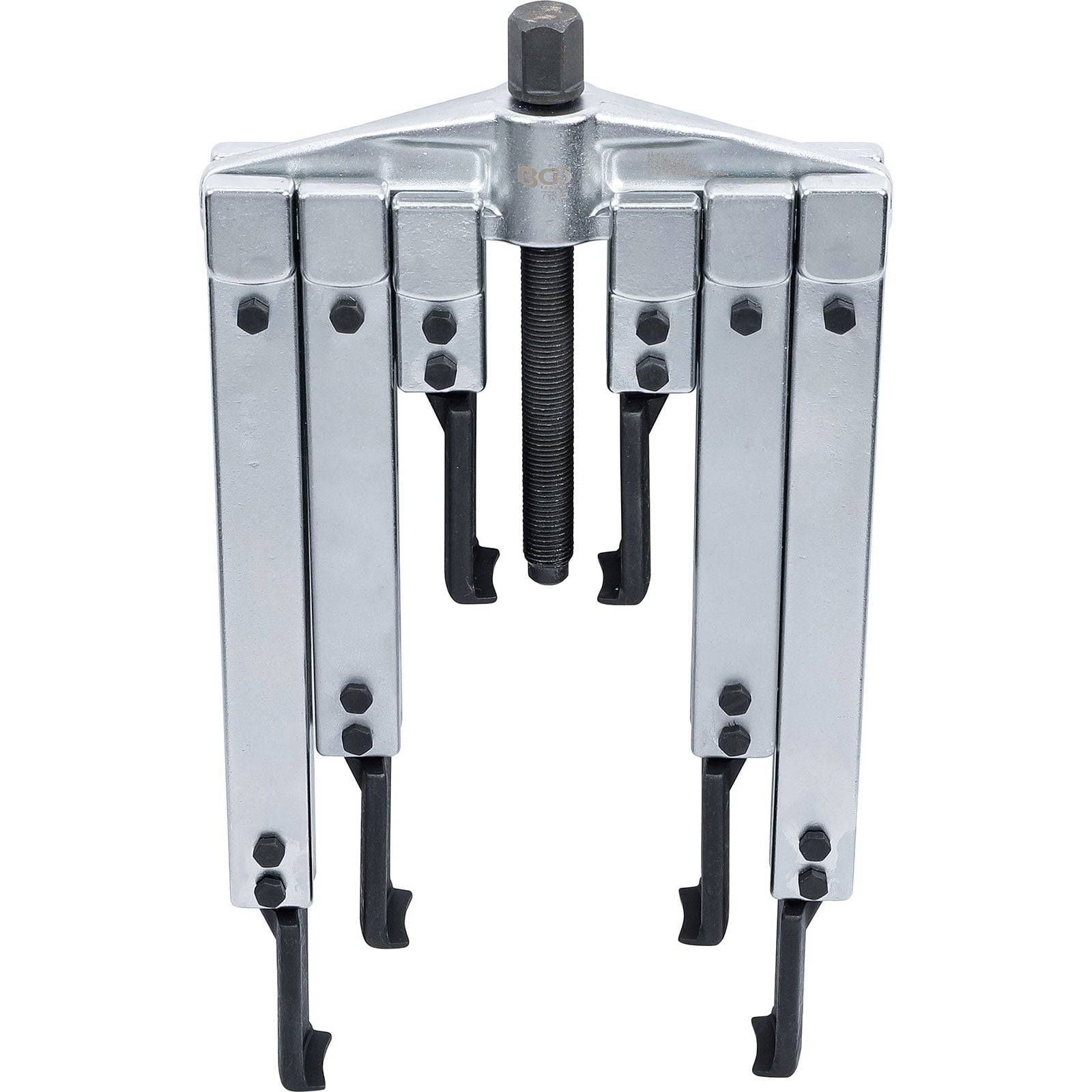 Ein Dreiklauen-Abzieher mit einer zentralen Schraube und ausziehbaren Armen, verwendet zum Entfernen von Zahnrädern oder Lagern von einer Welle in mechanischen Anwendungen.