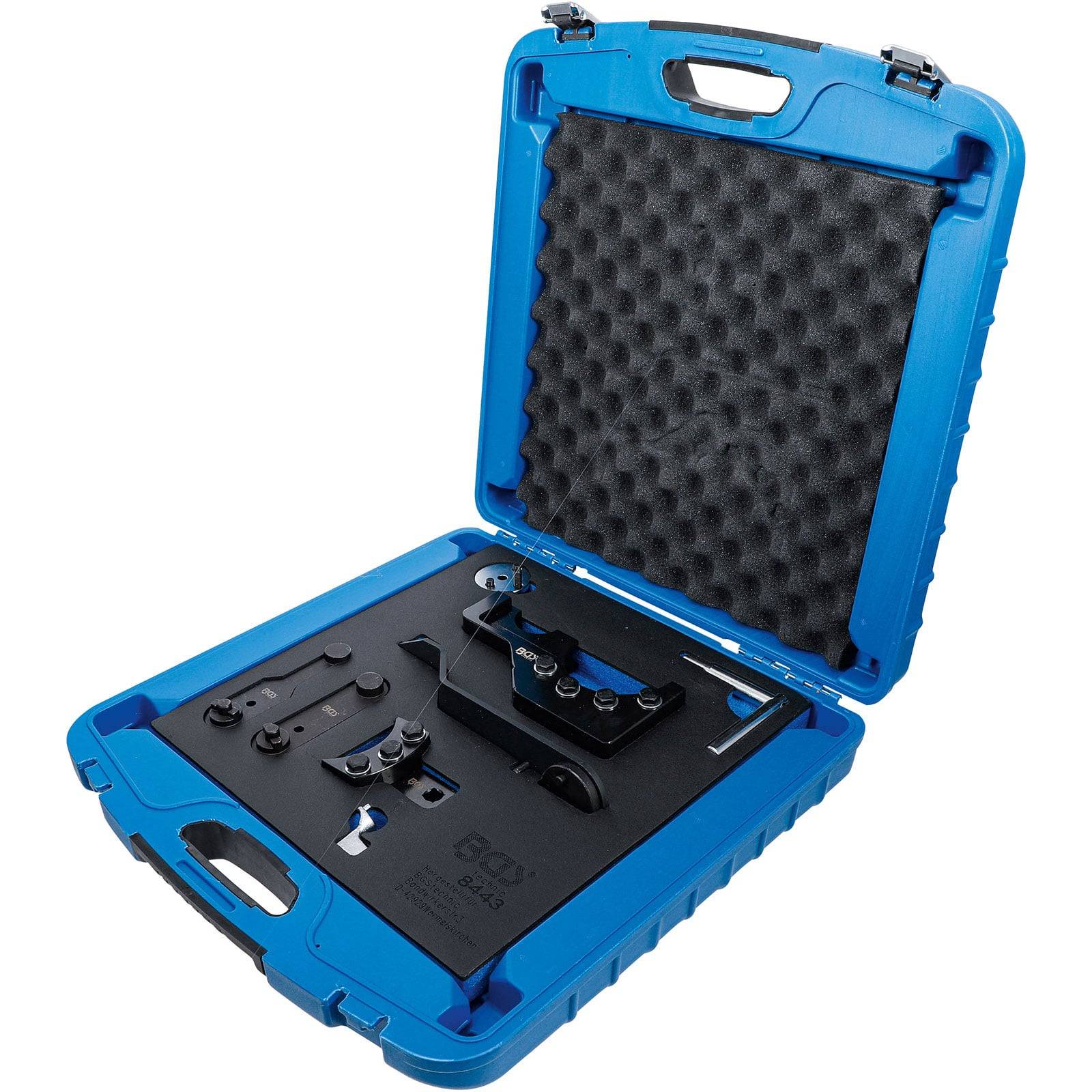 Eine blaue Transporttasche mit Schaumstoffeinsätzen enthält spezielle Mechanikerwerkzeuge, die sorgfältig angeordnet sind und für präzise mechanische Anpassungen entwickelt wurden.