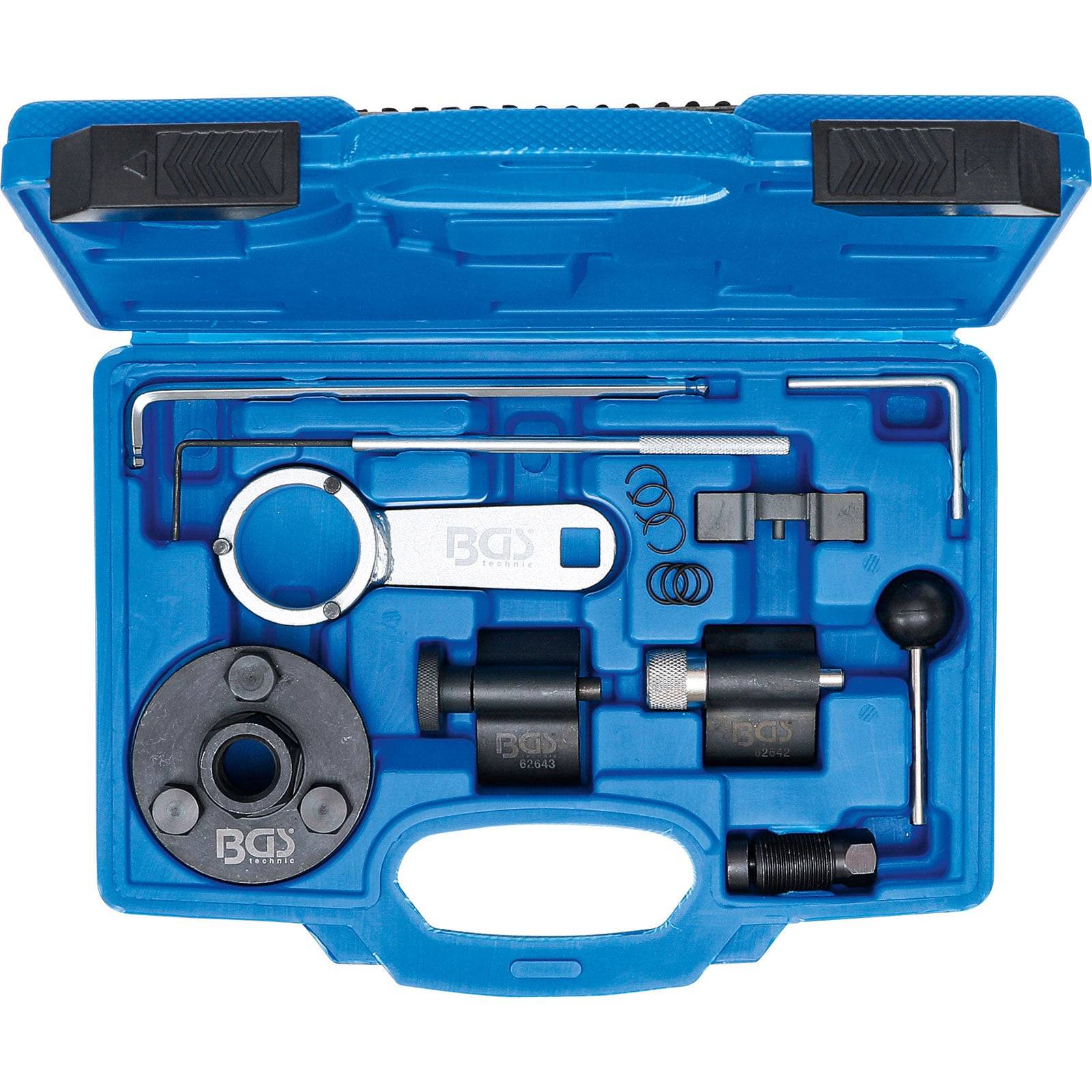 Ein blauer Koffer, der ein Zahnrad-Werkzeugset mit verschiedenen Metallwerkzeugen und Komponenten enthält, die in speziellen Schlitzen für den Automobilbereich organisiert sind.