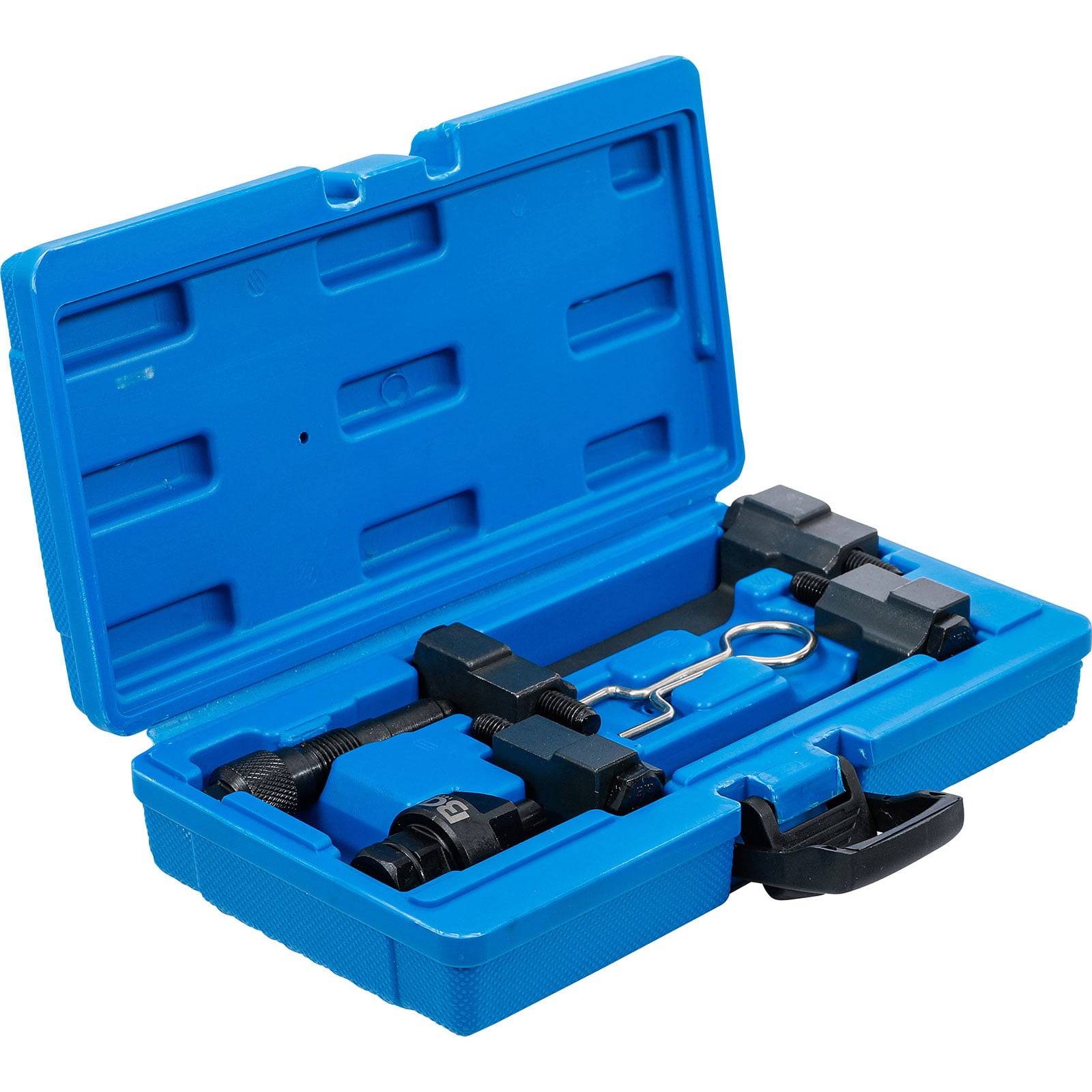 Eine blaue Plastikbox mit mehreren schwarzen Metallwerkzeugen, die ordentlich im Inneren angeordnet sind und für Präzisionsarbeiten oder Reparaturen konzipiert sind, wird geöffnet gezeigt.