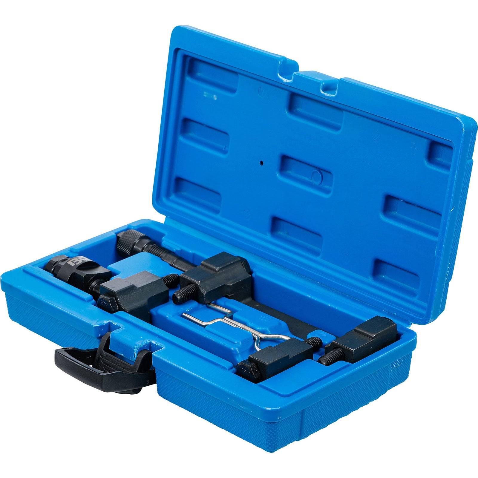 Eine blaue Kunststoffbox, die einen Werkzeugkoffer zum Fahrradketten-Ausbau enthält, mit verschiedenen Komponenten, die sicher in vorgesehenen Fächern platziert sind.