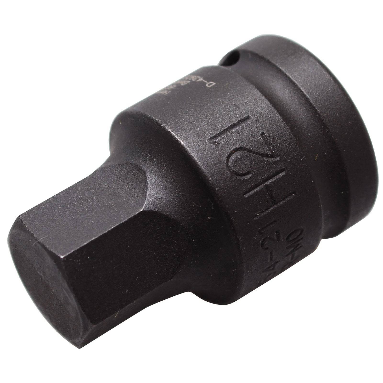 Ein schwarzer, sechseckiger Stecknussadapter mit einer 21-mm-Maßmarkierung, der zum Befestigen verschiedener Werkzeugbits an einer Steckschlüssel dient.