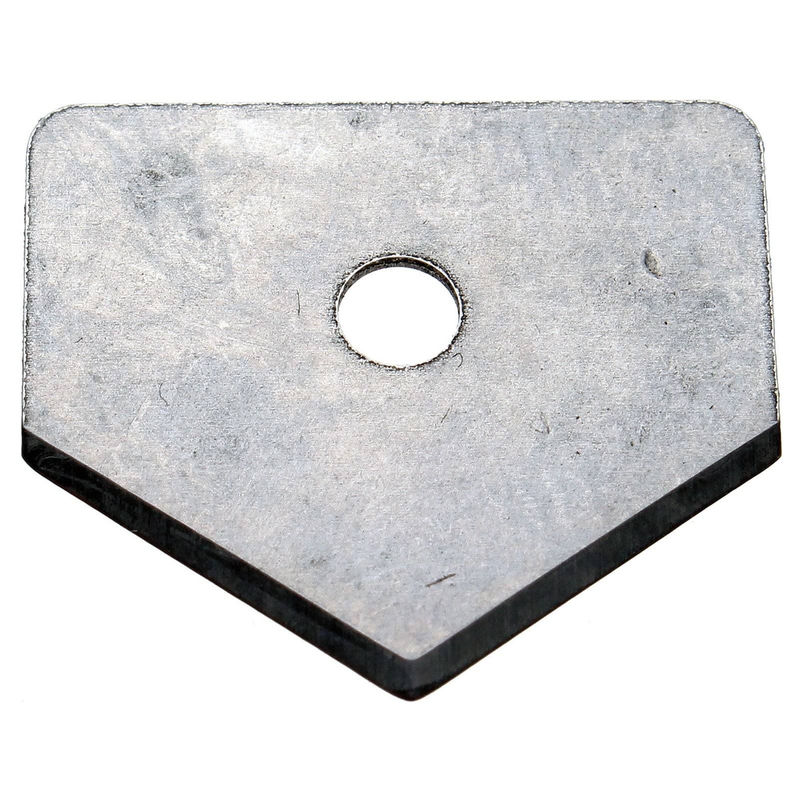 Eine Metallunterlegscheibe mit dreieckiger Form und einem zentralen kreisrunden Loch.