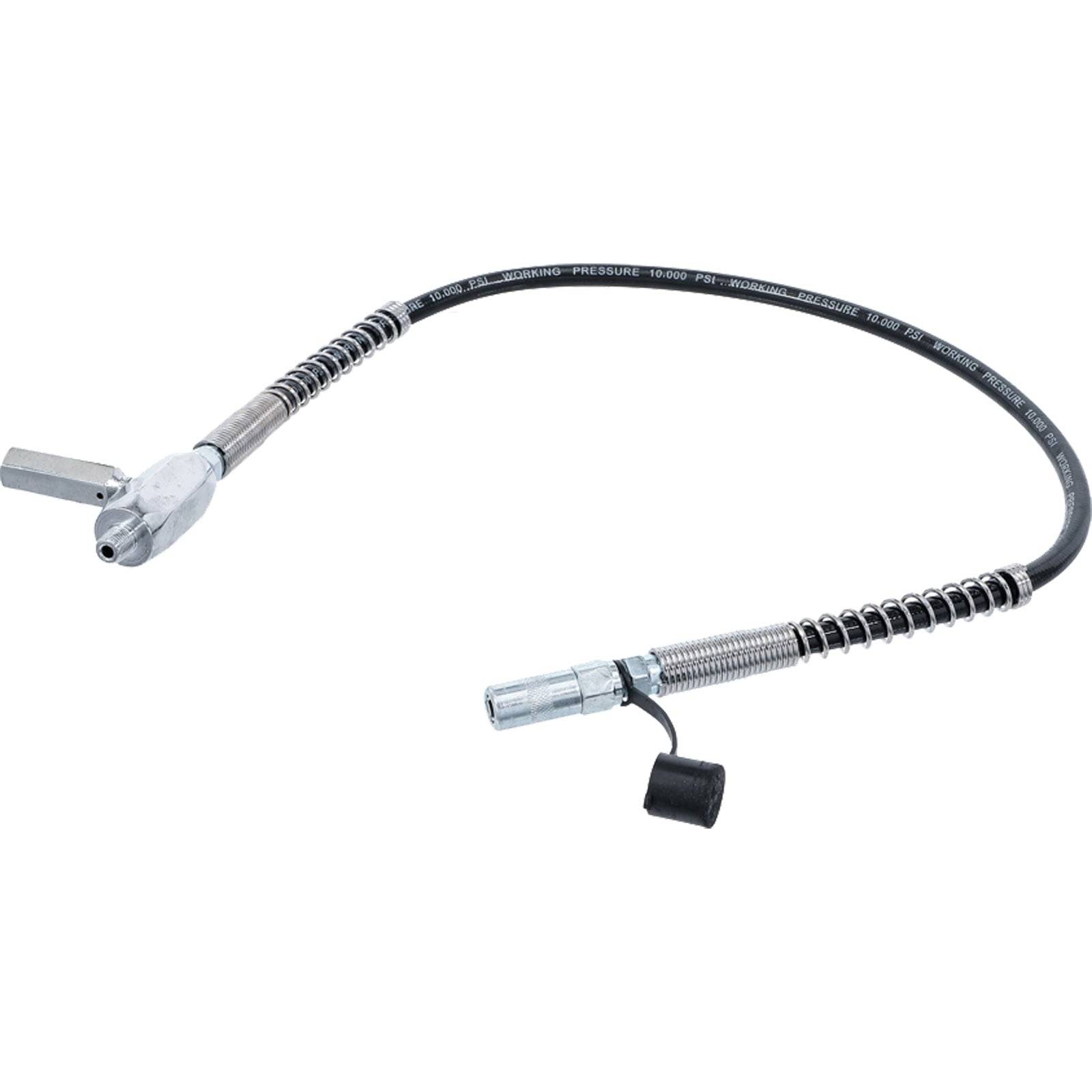 Verdrehsicherungsfett-Kupplungsstück mit flexiblem Schlauchadapter; verbindet Fettpumpen mit hydraulischen Anschlüssen und ermöglicht eine handfreie Bedienung.