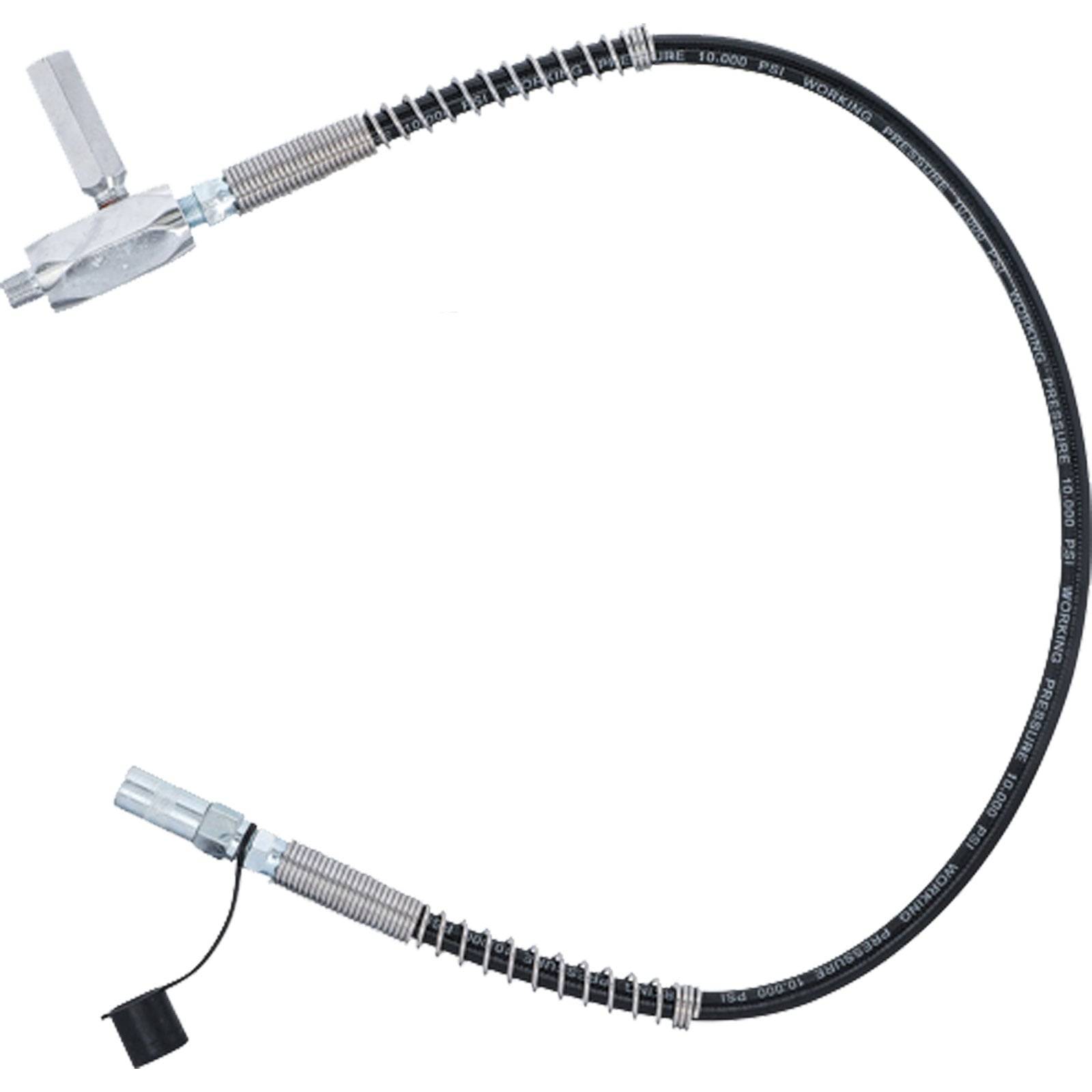 Ein schwarzer und silberner flexibler Hydraulikschlauch mit Metallarmaturen an beiden Enden, konzipiert für Hochdruckanwendungen.