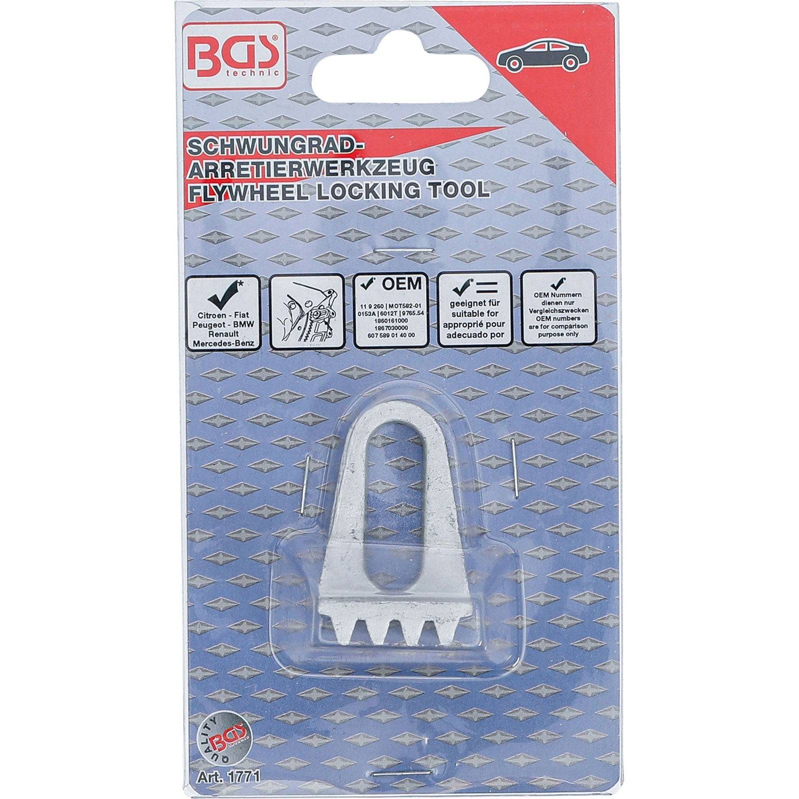 Paket enthält ein 'Schwungradblockierwerkzeug' von BGS Technic, entwickelt für Citroen-, Fiat-, Peugeot- und Mercedes-Benz-Fahrzeuge.