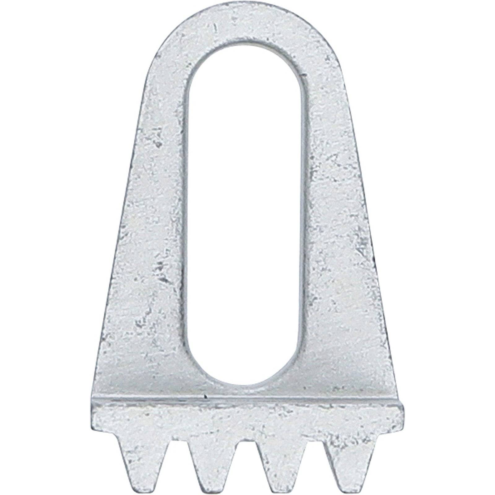 Ein Metallanker mit einer ovalen Ausnehmung am oberen Ende und einer gezahnten Kante am unteren Ende, wahrscheinlich für Befestigungsanwendungen verwendet.