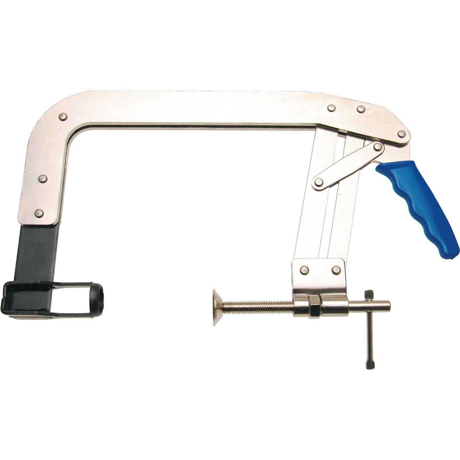 Eine Metall-C-Schraube mit blauem Griff, entwickelt zum sicheren Festhalten von Objekten während Holz- oder Metallbearbeitungsarbeiten.