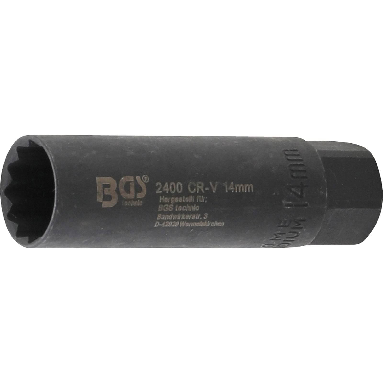 Ein schwarzer BGS Tools Schlagschraubereinsatz, gekennzeichnet mit der Größe 14mm, Modell 2400, hergestellt aus CR-V-Stahl.