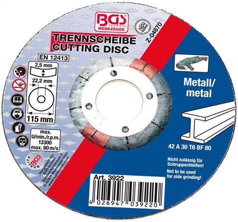 Trennscheibe für Metall Ø 115 x 2,5 x 22,2 mm Typ 42