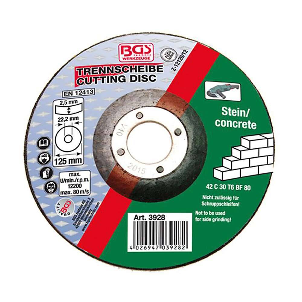 BGS Trennscheibe für Stein/Beton, 125 mm, mit Spezifikationen und Barcode auf dem Etikett.
