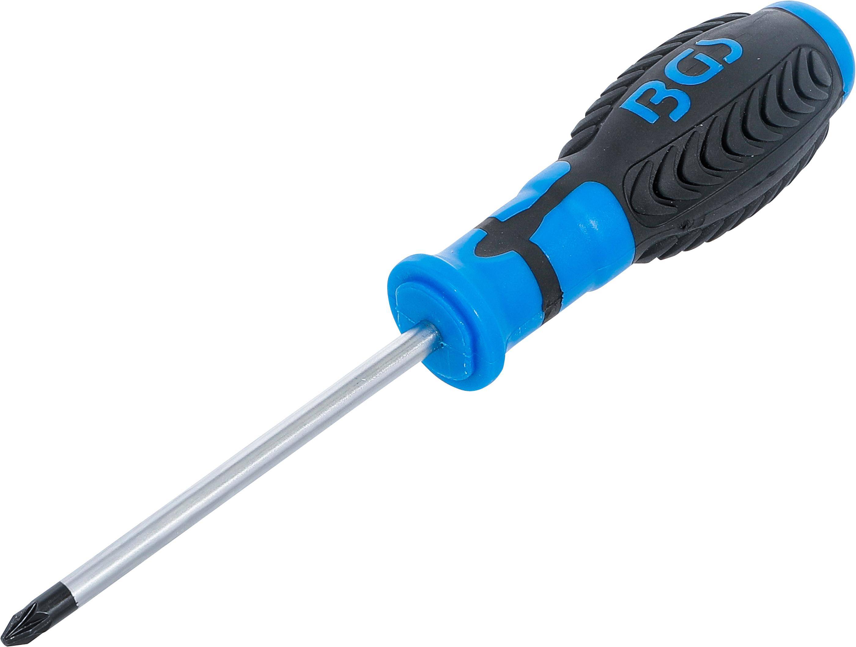 Ein Schraubendreher mit einem ergonomischen Griff in Blau und Schwarz, mit einer flachen Metallschäftung, entwickelt zum Greifen und Drehen von Schrauben.
