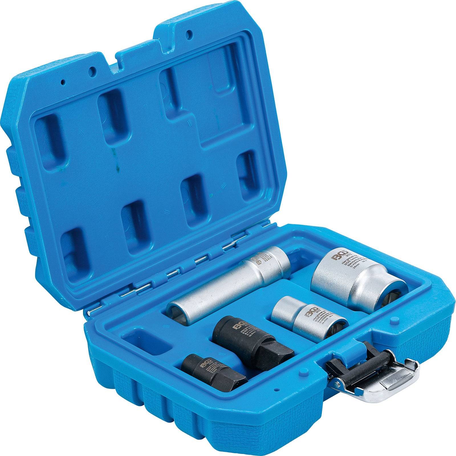 Eine blaue Kunststoffbox, die einen Satz von sechs verschiedenen Metallsteckschlüsseln enthält, ordentlich angeordnet, mit einem Verschluss an der Vorderseite.