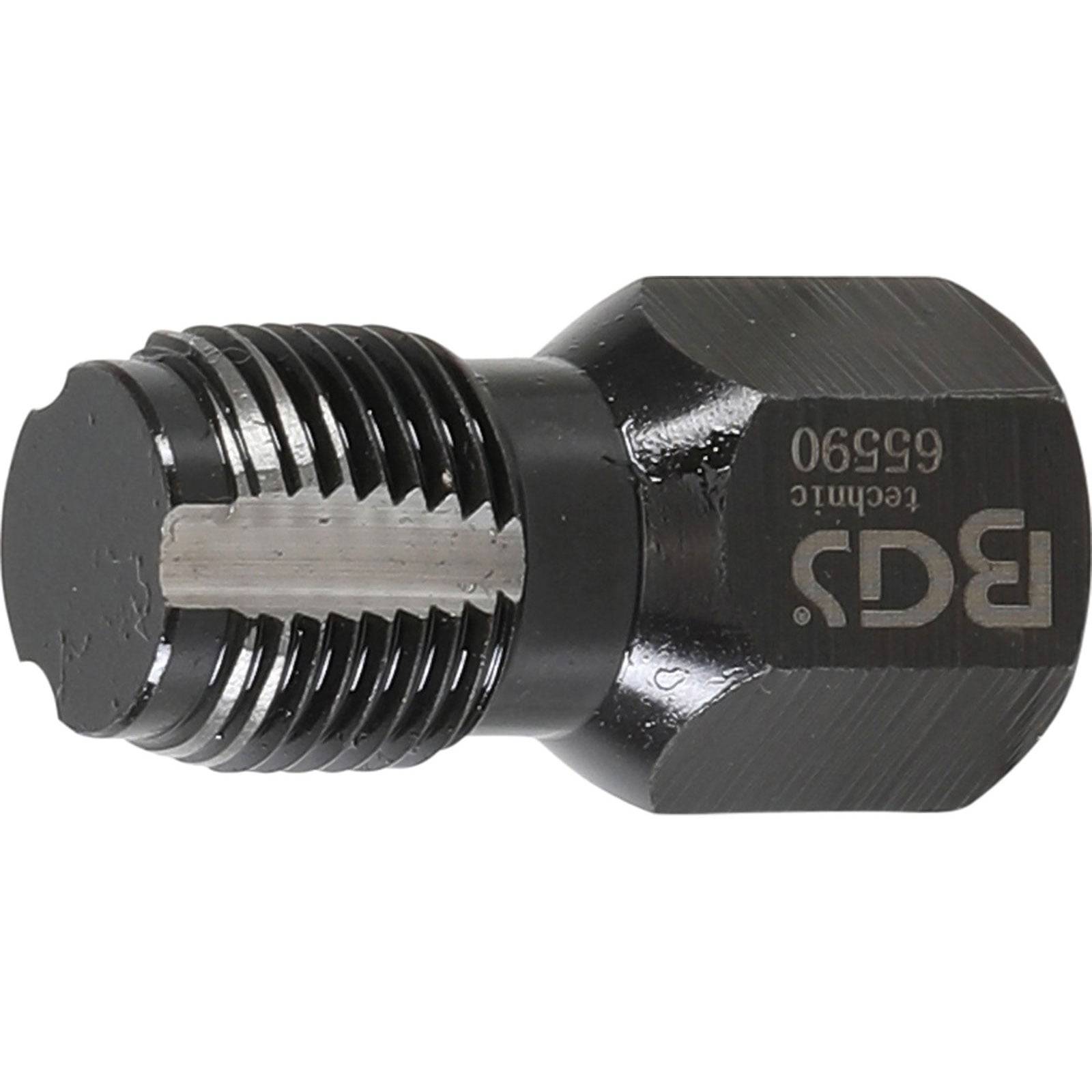 Ein schwarzer Metallrohrstopfen mit einem Gewindeabschnitt an einem Ende und einem BGS-Logo mit der Nummer '65590', die auf der Oberfläche eingraviert ist.