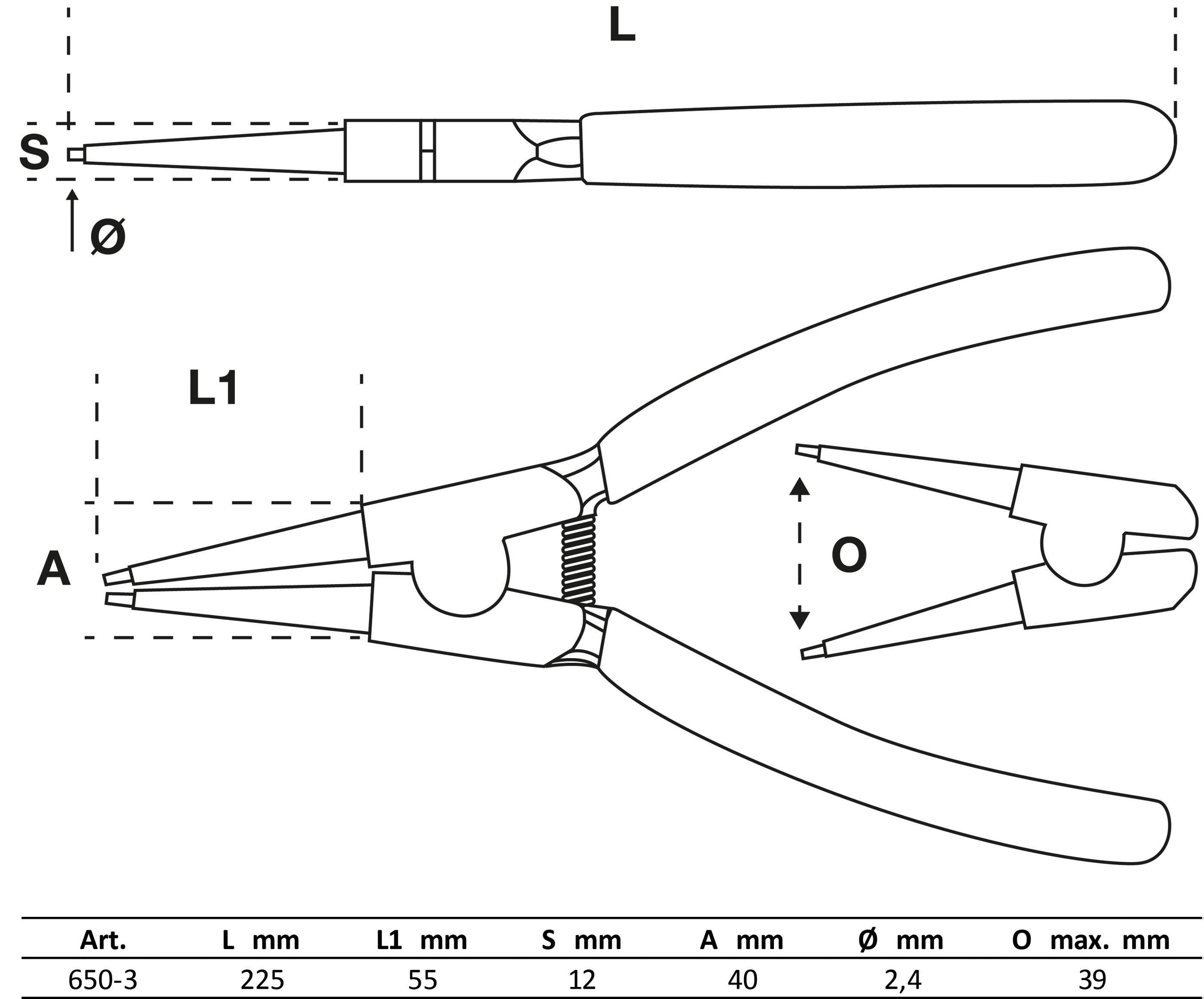 Sprengringzange - gerade - für Außensprengringe - Länge 225 mm - Zangenspitzendurchmesser 2,4 mm - max. Öffnungsmaß 39 mm