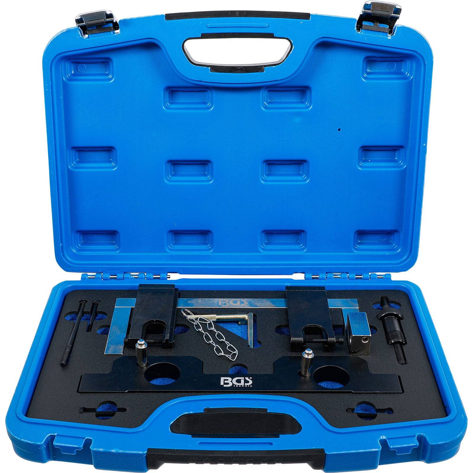 Ein blauer Transportkoffer, der einen Motorzahnrad-Einstellwerkzeug-Satz mit verschiedenen Metallwerkzeugen enthält, die ordentlich für Fahrzeugwartungsarbeiten angeordnet sind.