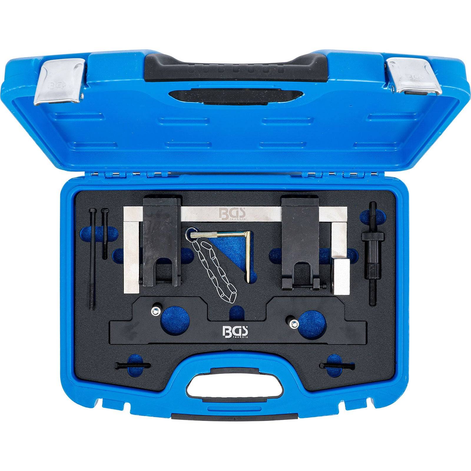 Eine blaue Werkzeugbox ist geöffnet und zeigt einen Nockenwellensperrwerkzeug-Satz, der verschiedene Präzisionswerkzeuge mit einer Schaumstoffeinlage zur Organisation umfasst.