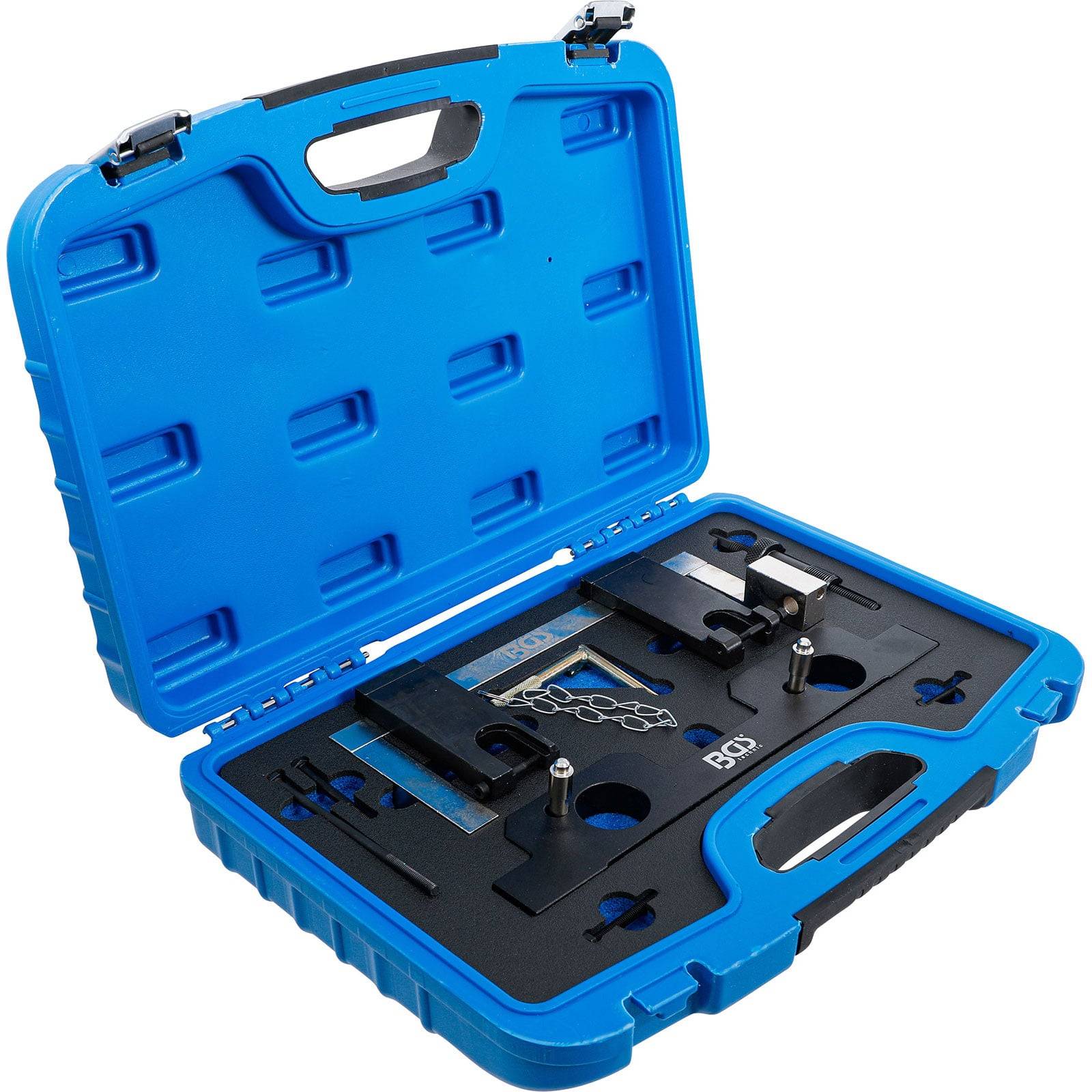 Eine blaue Werkzeugkiste, geöffnet und bereit, verschiedene Präzisionswerkzeuge zu zeigen, die sorgfältig in eine maßgeschneiderte Schaumstoffeinlage eingepasst sind und für mechanische oder technische Arbeiten konzipiert sind.