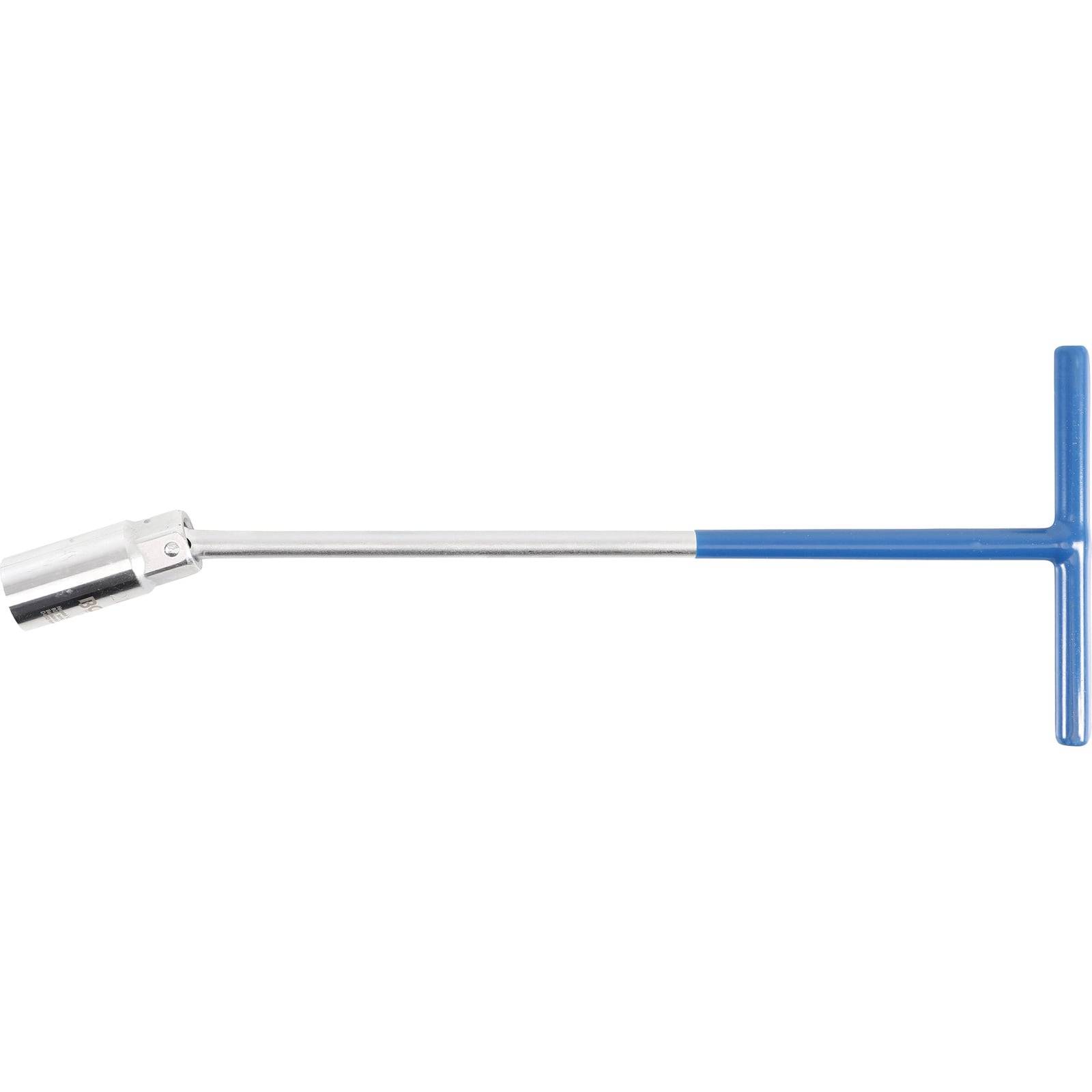 Ein T-förmiges Metallinstrument mit blauem Griff und einer zylindrischen silbernen Fassung, das zum Anziehen oder Lösen von Muttern und Schrauben verwendet wird.