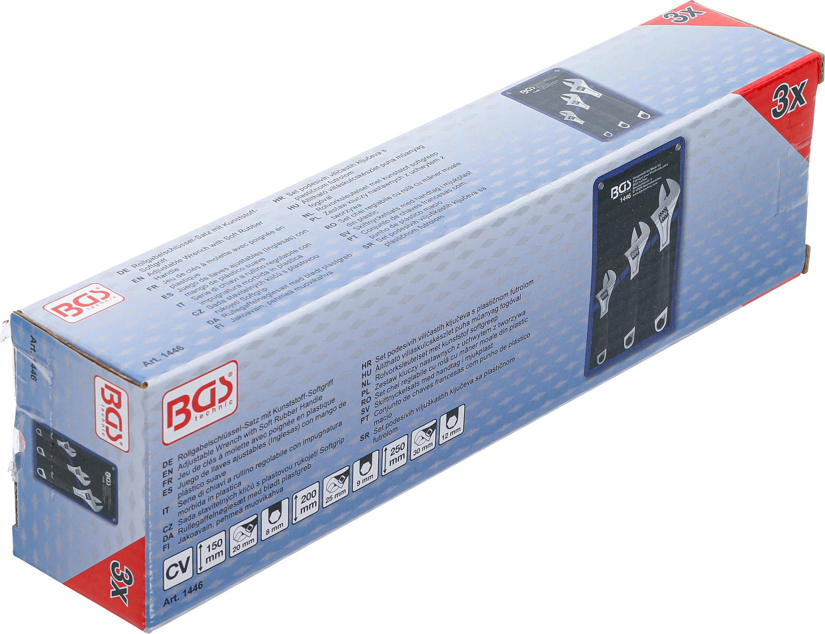 Ein Satz von drei verstellbaren Metallschlüsseln in verschiedenen Größen, die auf einer Verpackung präsentiert werden. Die Verpackung enthält Branding und Größenangaben.