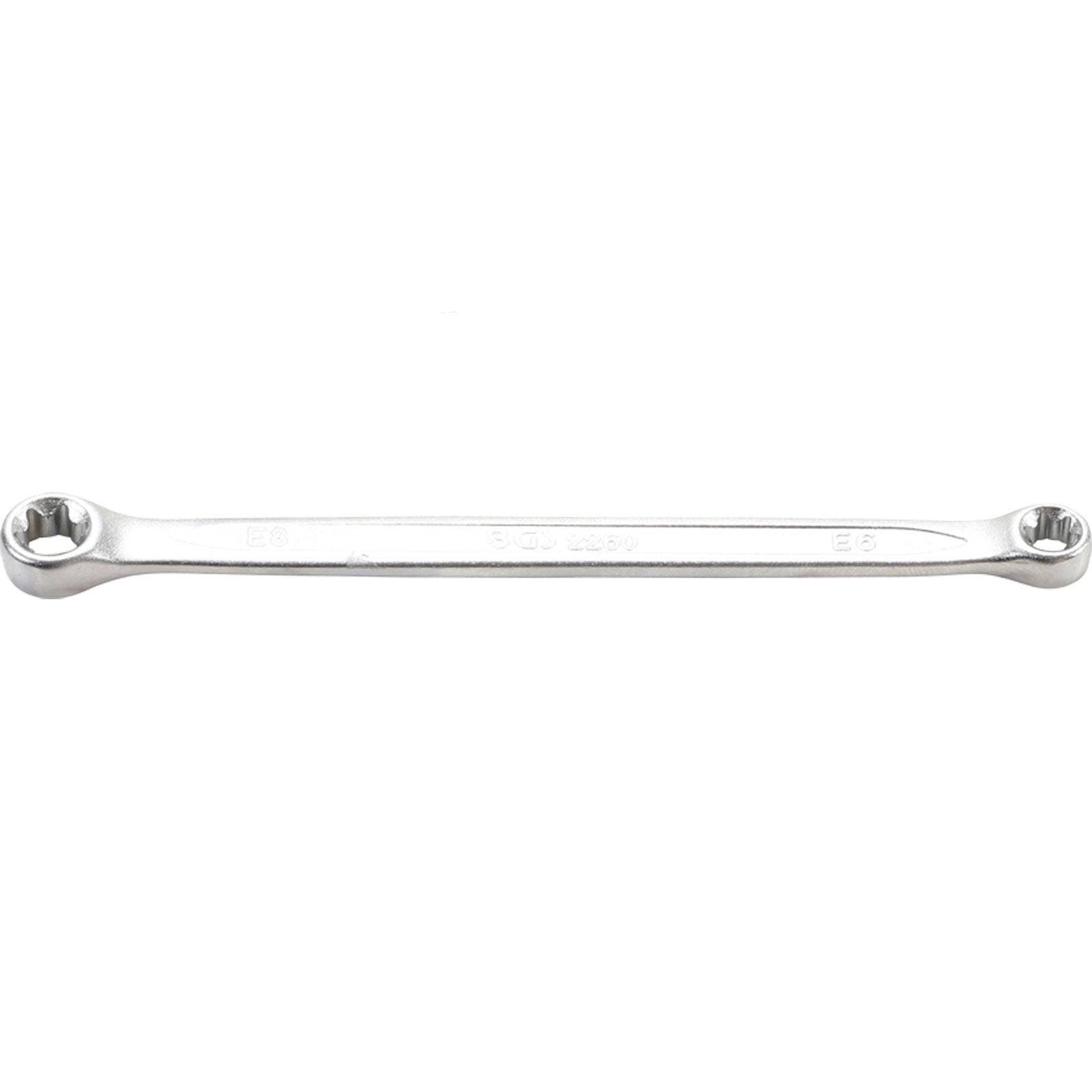 Ein silberner doppelseitiger Ringschlüssel, der zwei unterschiedlich große geschlossene Ringköpfe zum Drehen von Muttern und Schrauben zeigt, vor einem weißen Hintergrund.