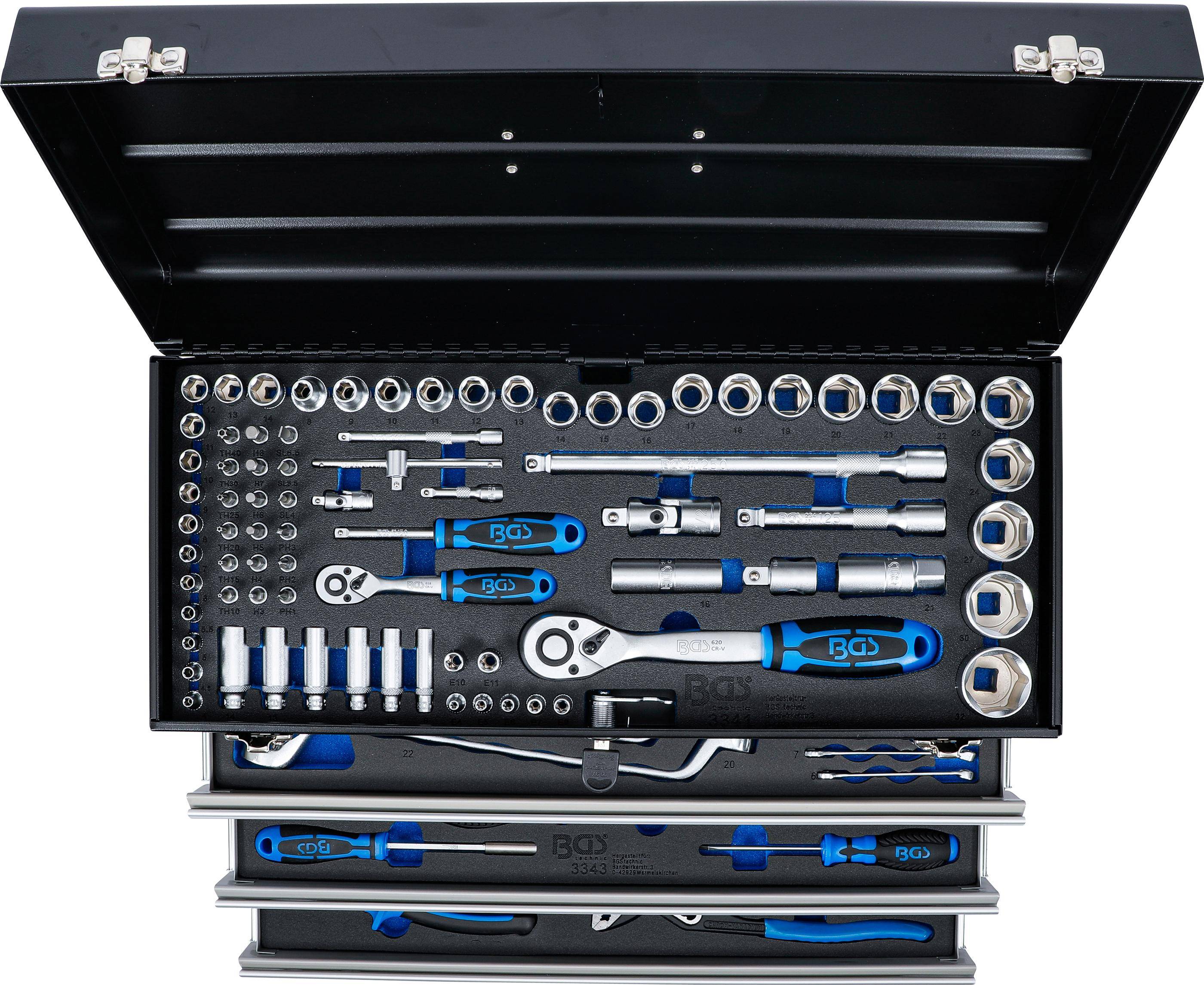 BGS technic Metall-Werkzeugkoffer | 3 Schubladen | mit 143 Werkzeugen