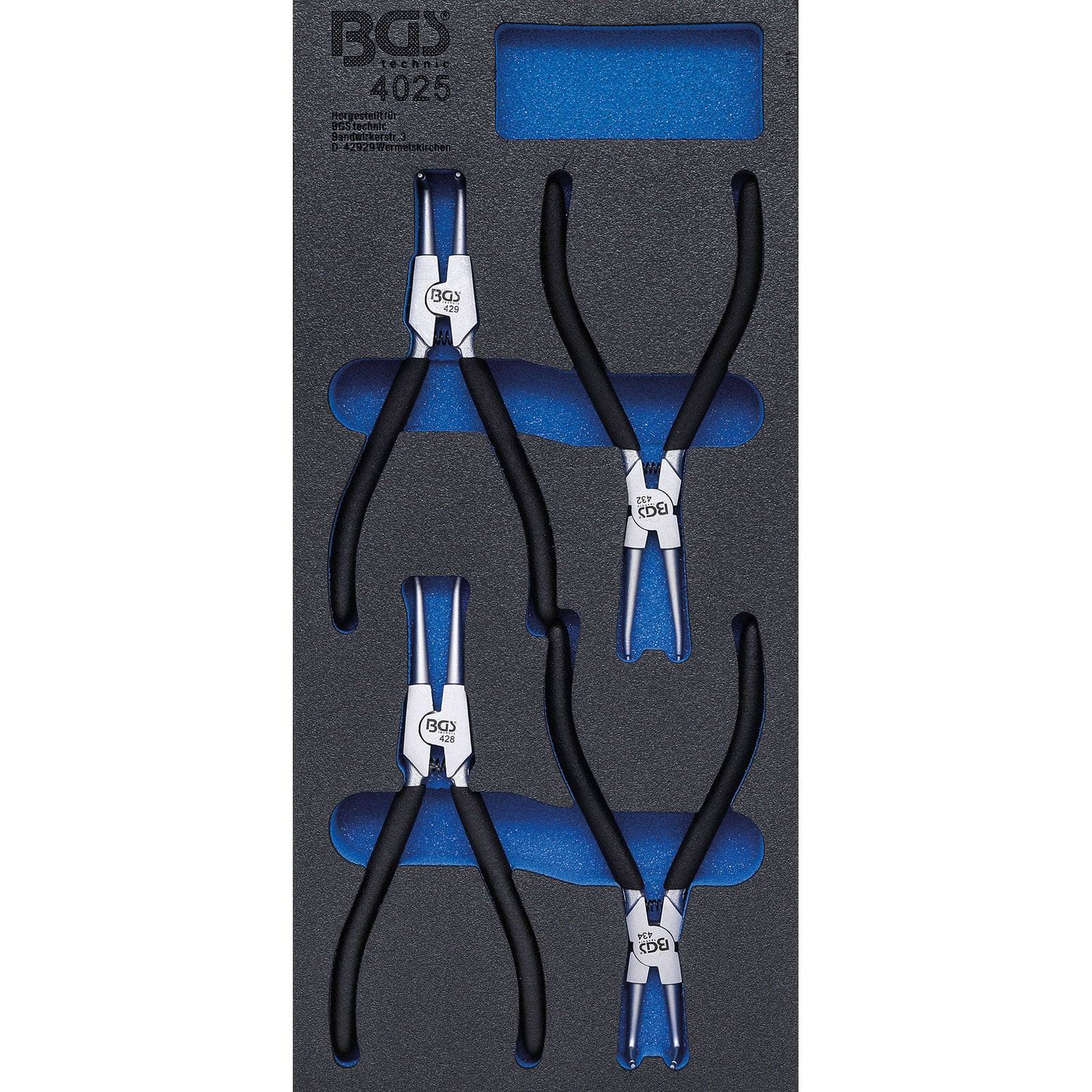 Vier Paare Zangen mit schwarzen Griffen, angeordnet in einem Schaumstoffausschnitt mit der Beschriftung 'BGS 4026'.