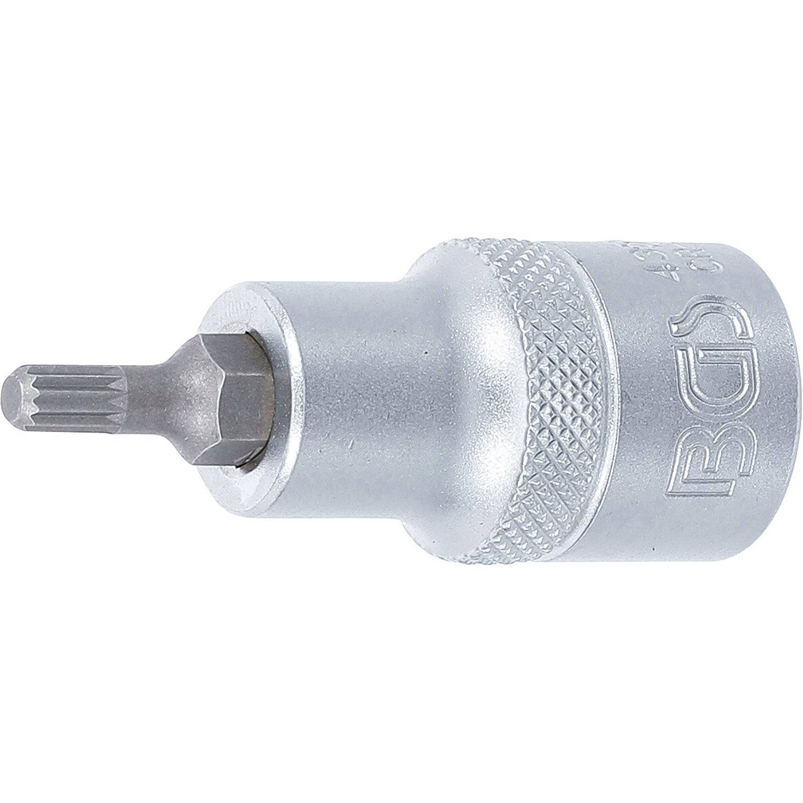 Eine silberne Torx-Biteinsatz mit strukturiertem Griff und gravierten Markierungen, die das Antriebsende und den sechskantigen Schaft des Werkzeugs zeigt.