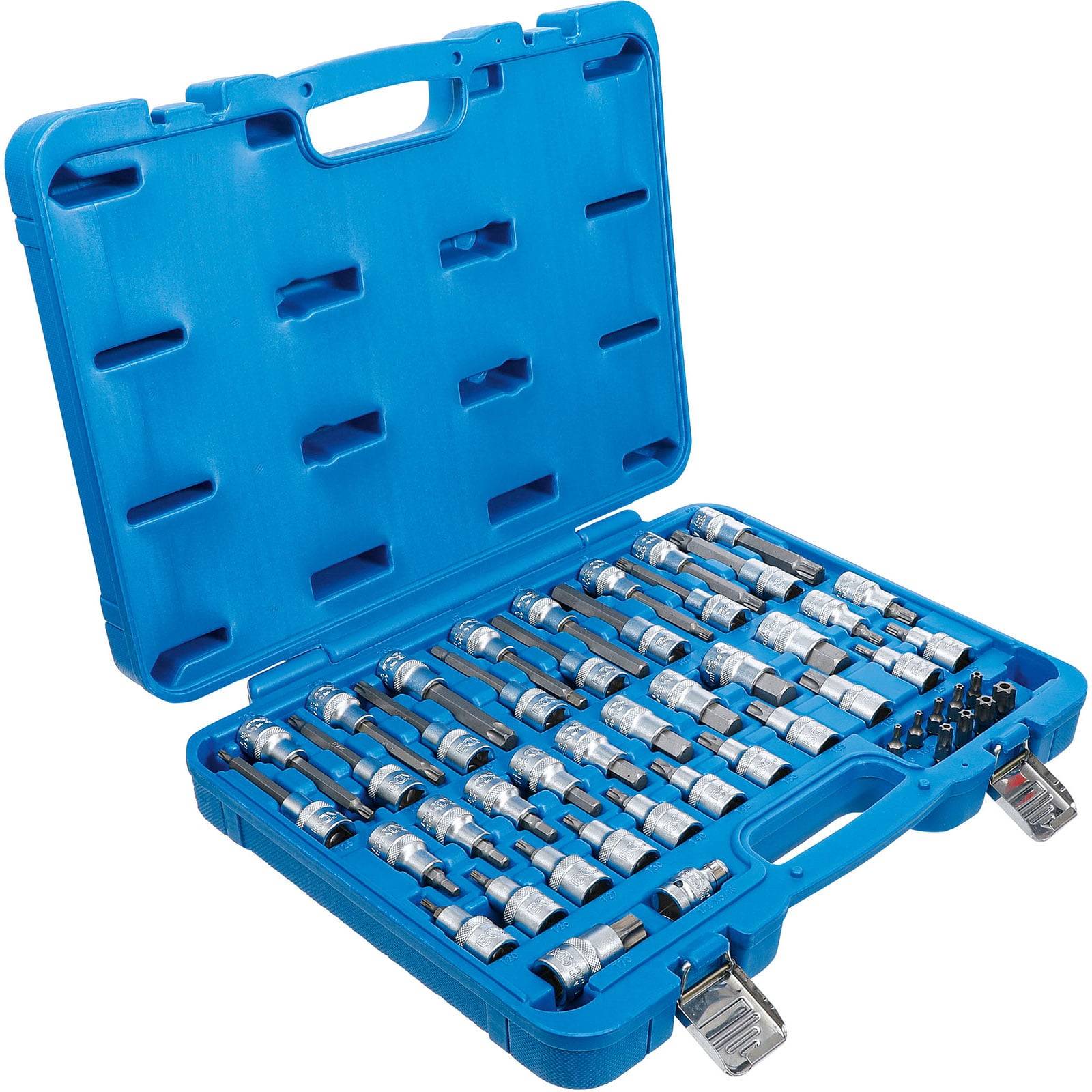 Satz von Stecknüsseln in einem blauen Koffer, verschiedene Größen, ordentlich in Reihen angeordnet. Der Koffer ist offen und hat Metallverschlüsse zum Verschließen.