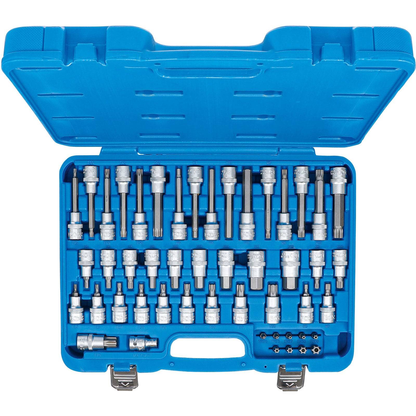 Eine blaue Plastikbox, die einen Satz verschiedener Innensechskant-Bits und Zubehör enthält, in Reihen angeordnet und zum Anziehen von Schrauben oder Bolzen verwendet.