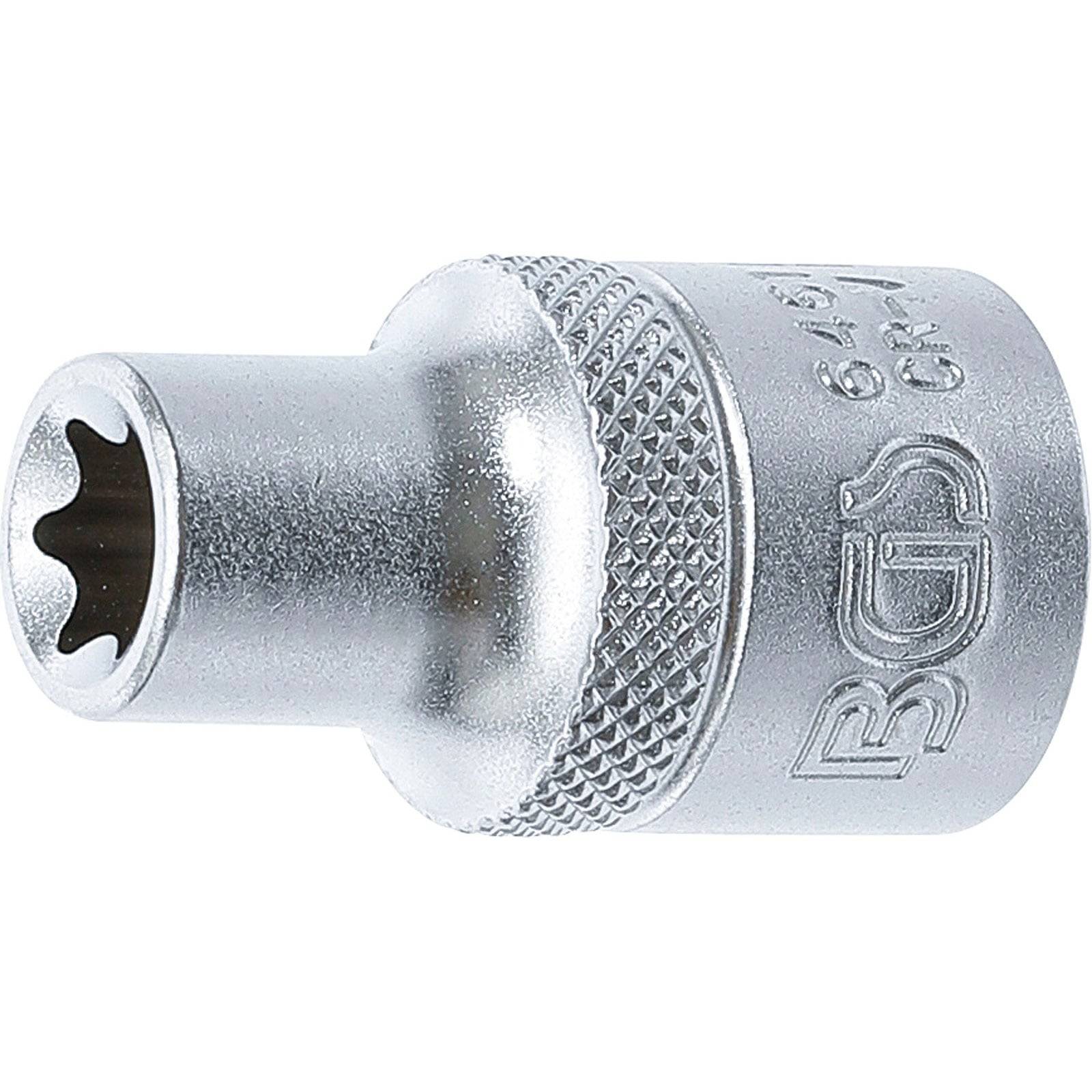 Eine Stecknuss aus Silber mit einem gerillten Griffbereich und eingepresstem Markenlogo, die zum Festziehen von Befestigungselementen verwendet wird.